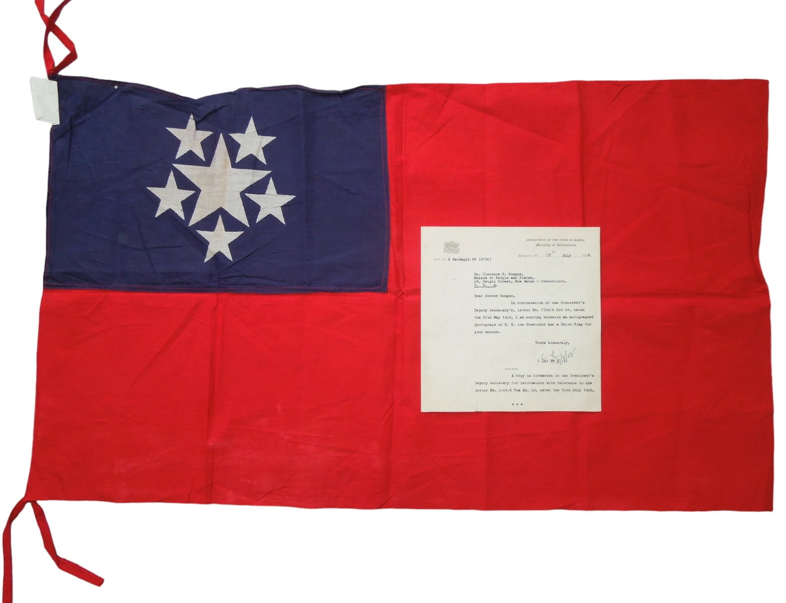1958 Flag of Burma & Letter From President Mauno: Original flag measuring 21 x 35 inches, with original letter. This was from the former Dr. Clarence Rungee Flag Collection. Dr. Clarence Rungee was born in New Haven, CT and was a veteran of WWI. Foll