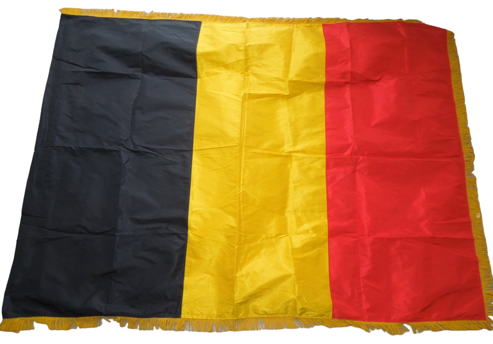 Pre WWII Silk Office Flag of Belgium: Original 51 x 70 inch sized flag. The hoist sleeve has small holes on the ends. This was from the former Dr. Clarence Rungee Flag Collection. Dr. Clarence Rungee was born in New Haven, CT and was a ve