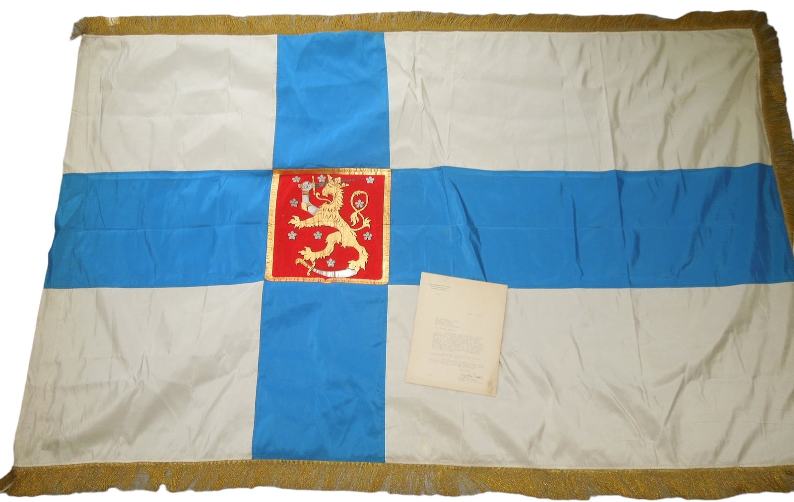 WWII Naval Man of War Flag From Finland & 1947 Letter: Original flag (hand painted center) and letter from Finland for a WWII era man of war. This was from the former Dr. Clarence Rungee Flag Collection. Dr. Clarence Rungee was born in New Haven, CT and w