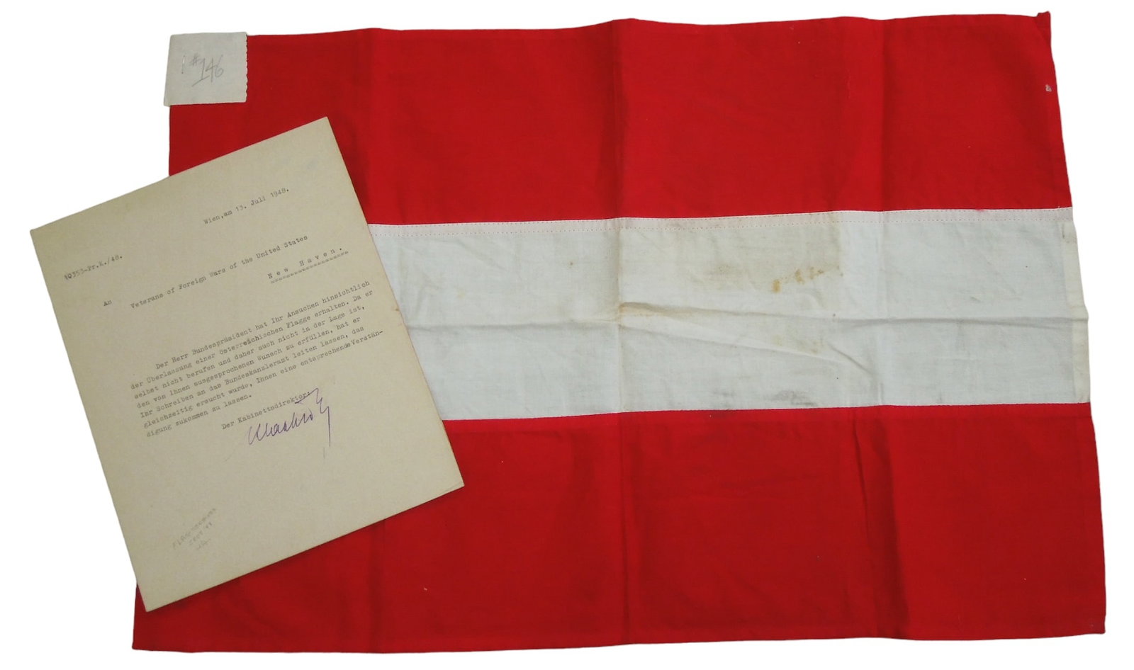 WWII Used Flag of Austria & 1948 Letter: 15 1/2 x 24 inch flag and dry mounted letter. This was from the former Dr. Clarence Rungee Flag Collection. Dr. Clarence Rungee was born in New Haven, CT and was a veteran of WWI. Following his wartim