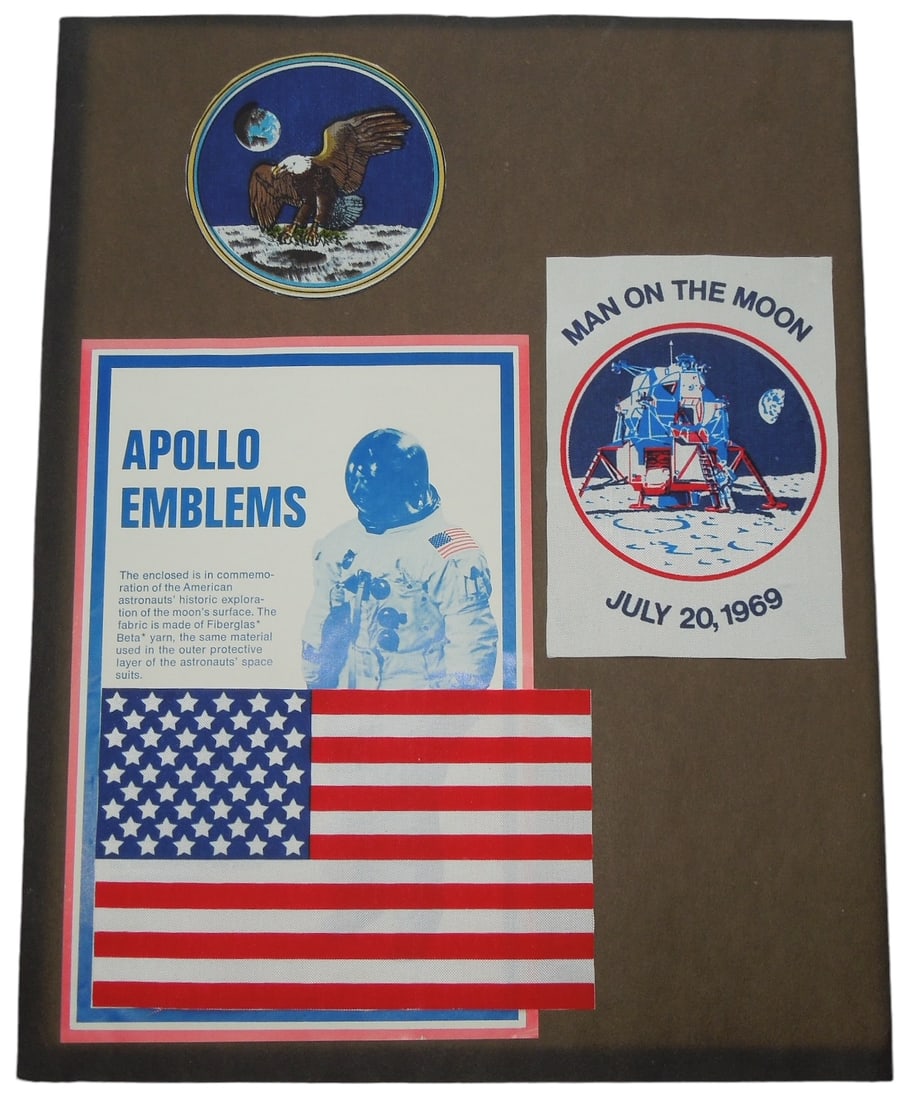 Vintage NASA Apollo 1969 US Flag Patches Made From Space Suit Material: Orginal paper with glued patches on it and description as shown.