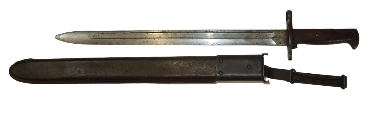 Pre WWI US Army Bayonet RIA 1906 With Leather Scabbard: 1906 Rock Island Arsenal marked US Army bayonet and scabbard. Good condition showing wear consistent with age.