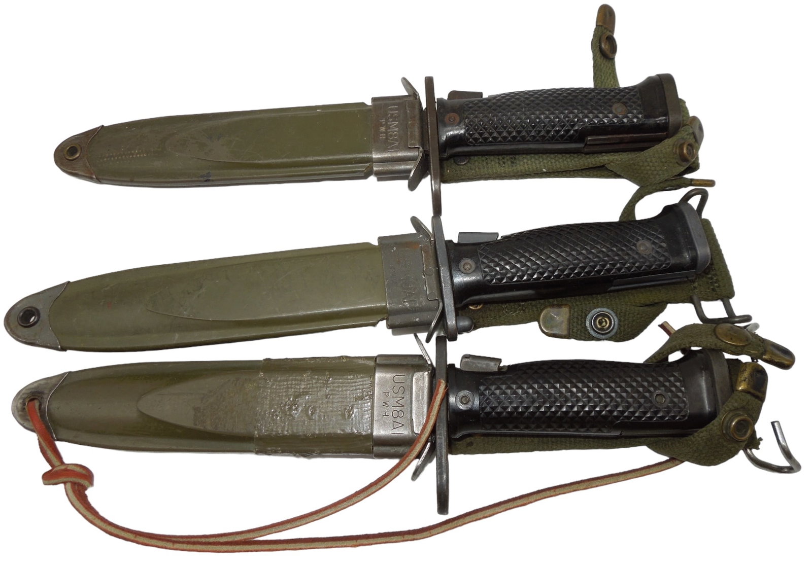 Lot (3) US Army Vietnam War M5 & M6 Bayonets & Scabbards MILPAR, IMPERIAL, J&D Tool: US Army Vietnam War M5 & M6 Bayonets & Scabbards. Lot of (3). Makers Marks include: MILPAR M6 (scabbard USM8A1 P.W.H.), J & D Tool Co US M5 (scabbard USM8A1 P.W.H.), and IMPERIAL M6 (scabbard USM8A1 P
