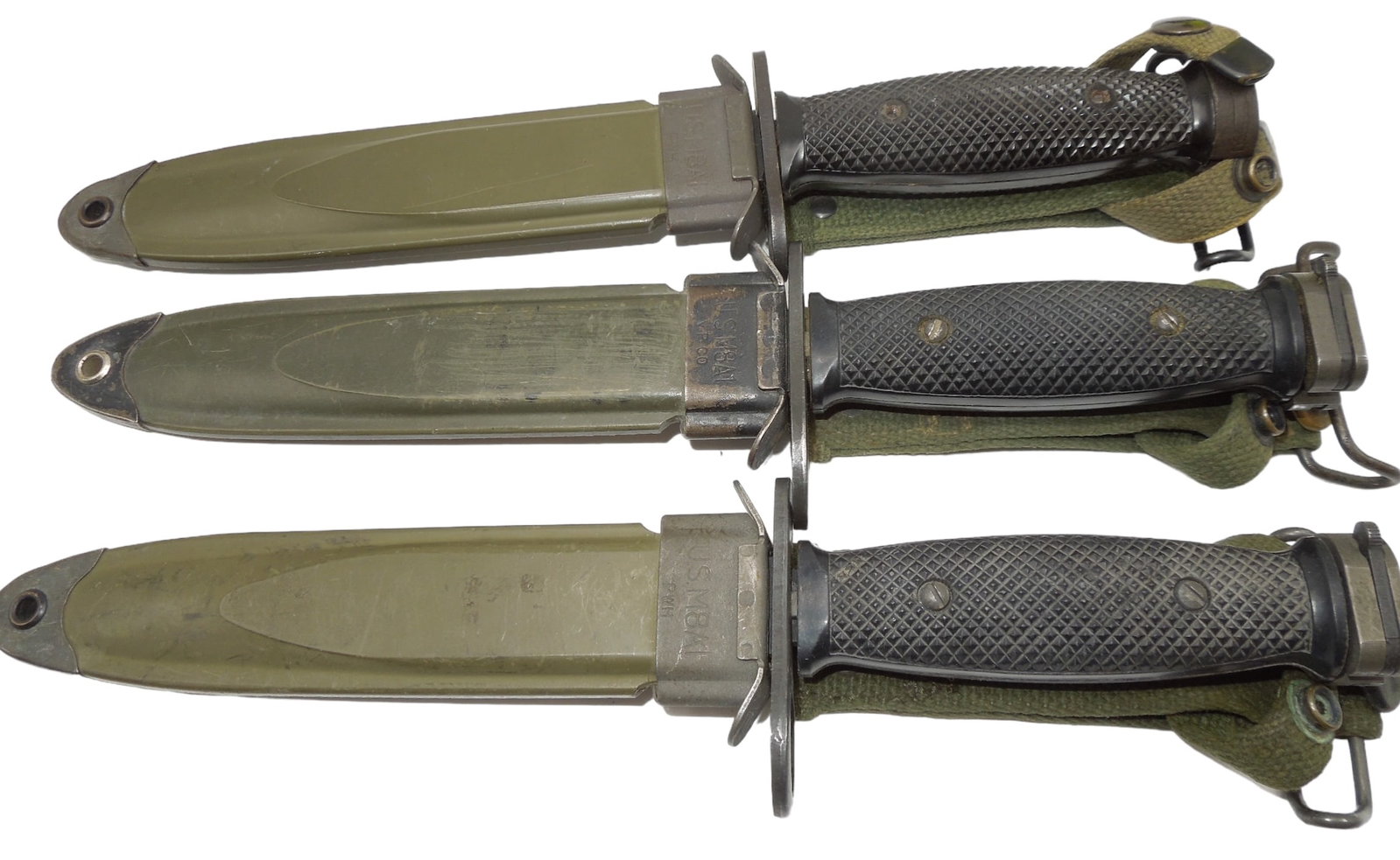 Lot (3) US Army Vietnam War M4 & M7 Bayonets & Scabbards BOC, BREN-DAN: US Army Vietnam War M4 & M7 Bayonets & Scabbards. Lot of (3). The Maker Marks include (2) BOC US M7 (scabbard US M8A1 V.P. Co. And PWH), BREN-DAN US M4 (scabbard US M8A1 PWH). Good condition for their