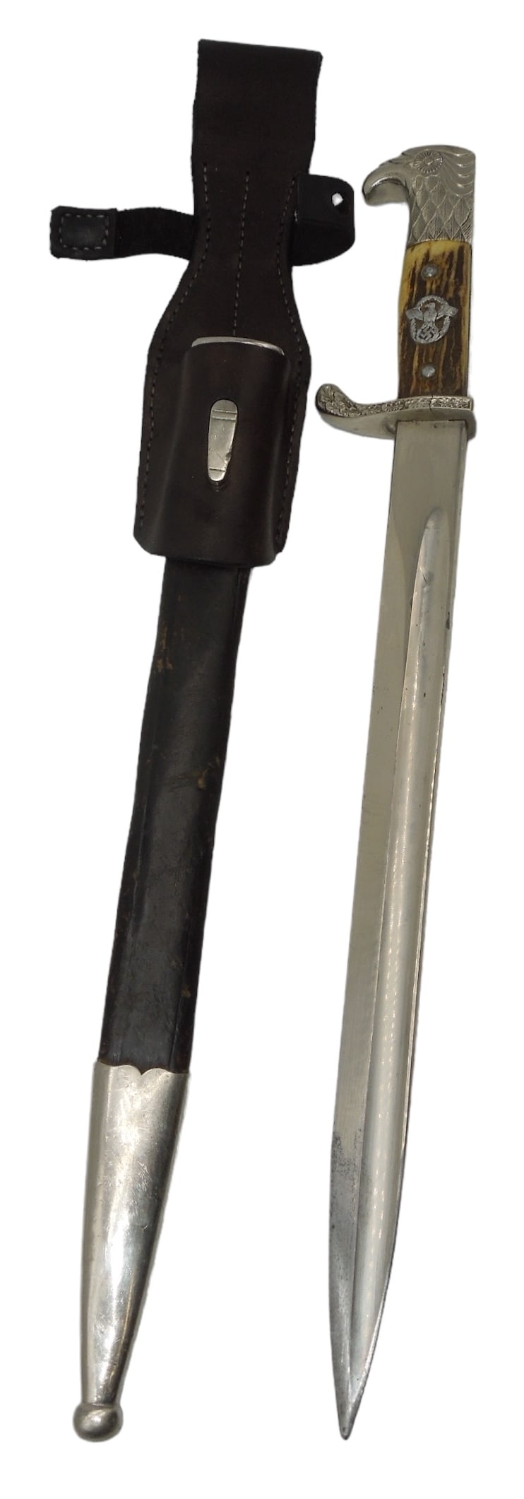 WWII German Military Police Dress Bayonet & Scabbard by Luneschloss: Original maker marked German police WWII bayonet, scabbard, and reproduction leather frog. All parts appear to be original except the frog added by the former owner. Good condition showing wear consis