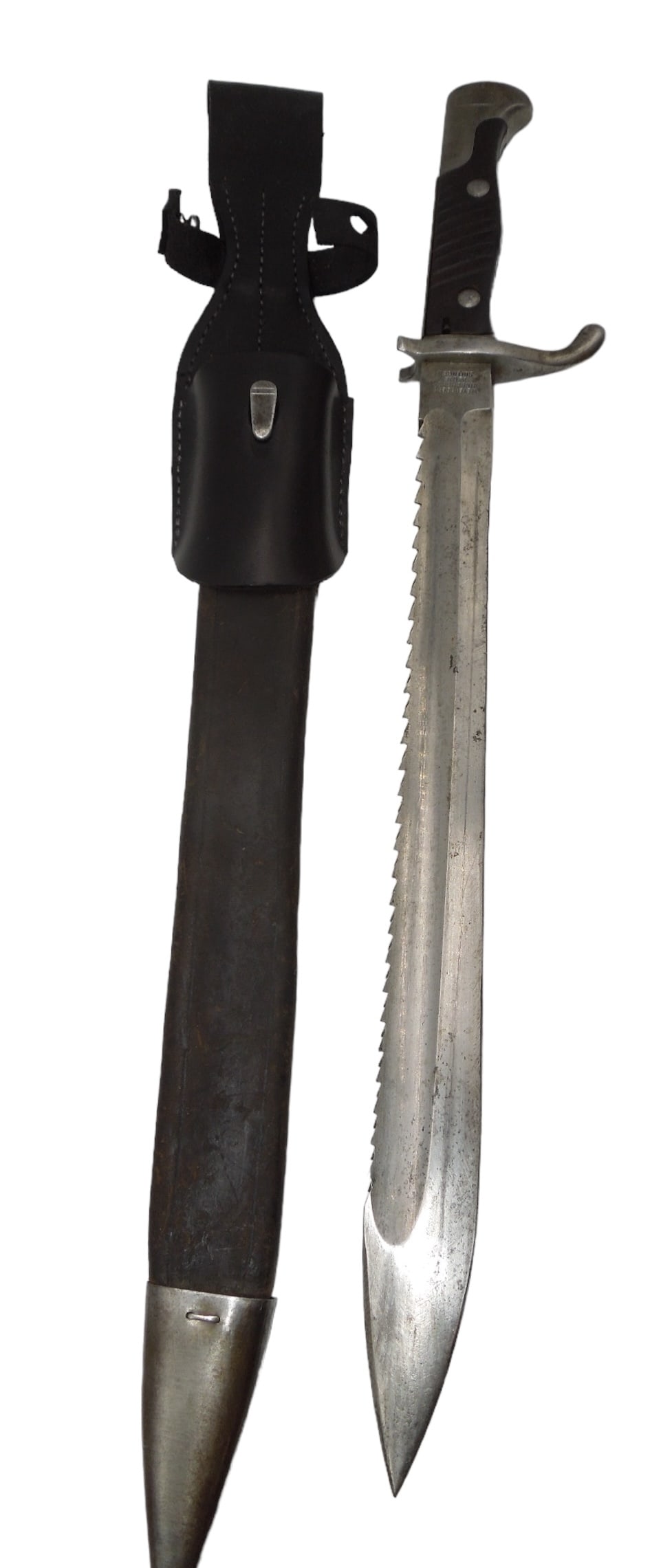 WWI German Military Sawback Mauser Bayonet By Weyersberg & Kirchbaum: Original maker marked German WWI sawback modified bayonet, scabbard, and reproduction leather frog. All parts appear to be original except the frog added by the former owner. Good condition showing we