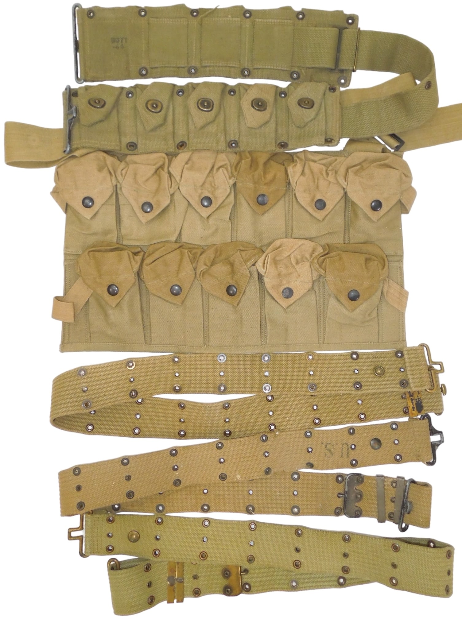 Lot (5) WWI - WWII US Army Ammo, Pistol, Grenade Belts: Lot of belts as shown: three WWII era pistol belts, an Earl & Watson marked 1918 unissued grenade chest vest, and a Boyt USMC marked M-1 Ammo belt. Good condition showing wear consistent with age.