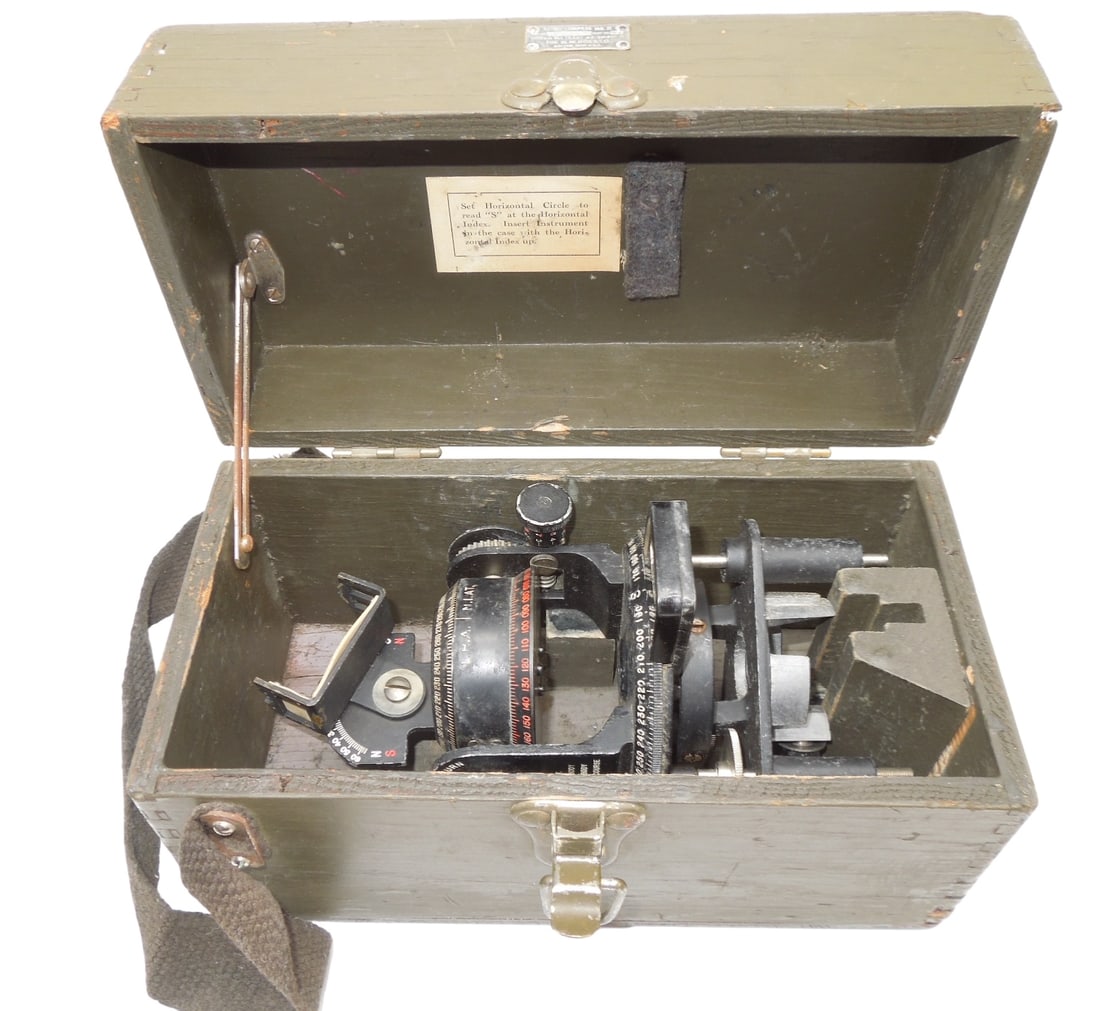 WWII 1942 US Military MKII Astro Compass in Wooden Case: WWII 1942 US Military MKII Astro Compass in Wooden Case. We are unable to determine if this compass is complete. This is offered as is without instructions. A lot of wear to the wooden box.