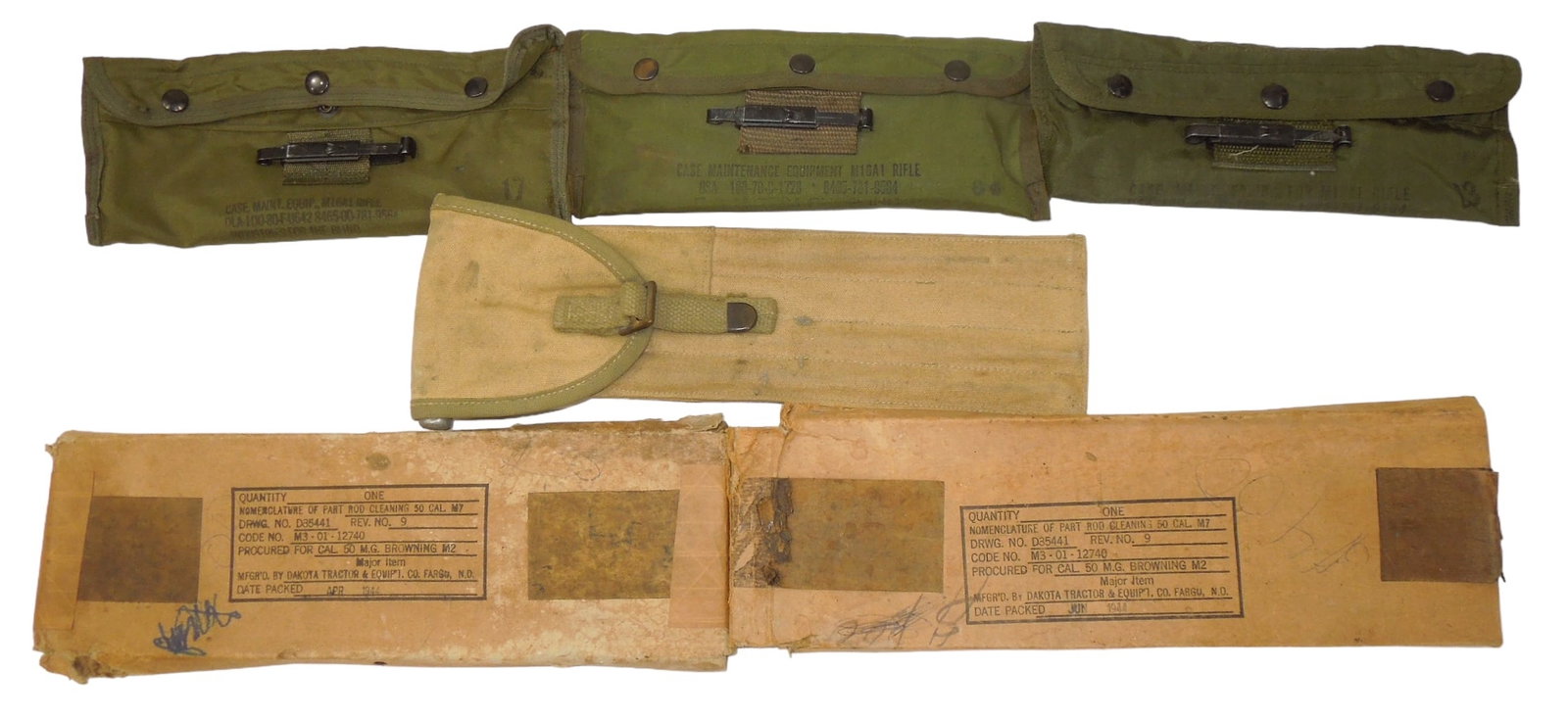 Lot (6) WWII - Vietnam Weapon Cleaning Kit .50 MG Browning M2 in Box 1944: Lot of six cleaning kits for weapons: three Vietnam era M16 type (one with a handbook), and three from WWII. The two .50 Caliber M2 Browning versions are in opened cardboard boxes. Unknown if any part
