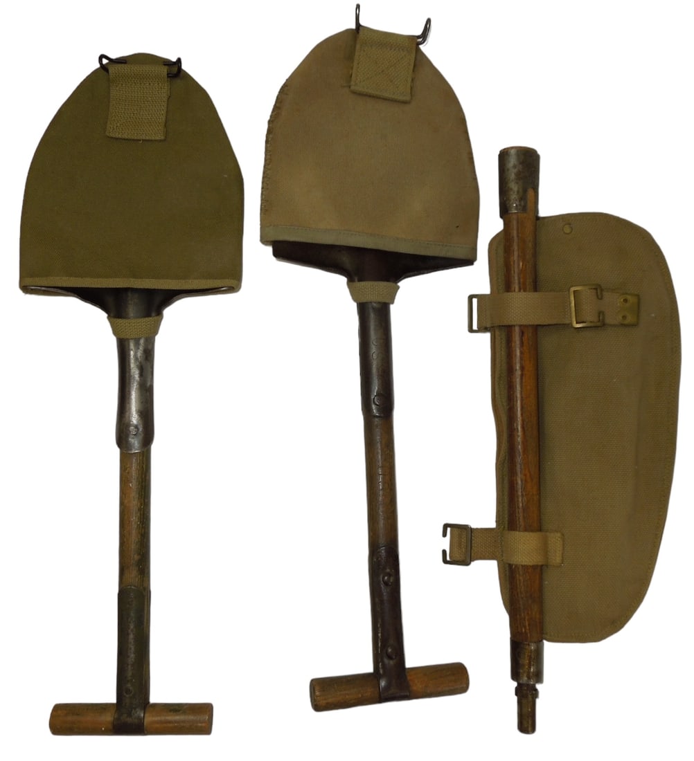Lot (3) WWII US Army & 1941 British PERK Military Trench Shovels & Covers With Bayonet: WWII US Army & British Military Trench Shovels & Covers With Bayonet. Lot of 3. 2 shovels are marked US. The British shovel is marked 1941 PERKS and comes with a bayonet that is marked No.4 MK II. Goo