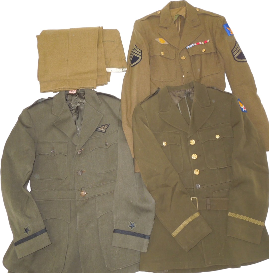 WWII Uniforms Naval Aviator & Wings Named AAF Army Air Force & 2nd Air Force: Lot of uniform items to include a 2nd Air Force Staff Sergeant uniform with stateside ribbons, an unnamed Naval ensign green uniform with bullion aviator wings, enlisted pants, and a named AAF Officer