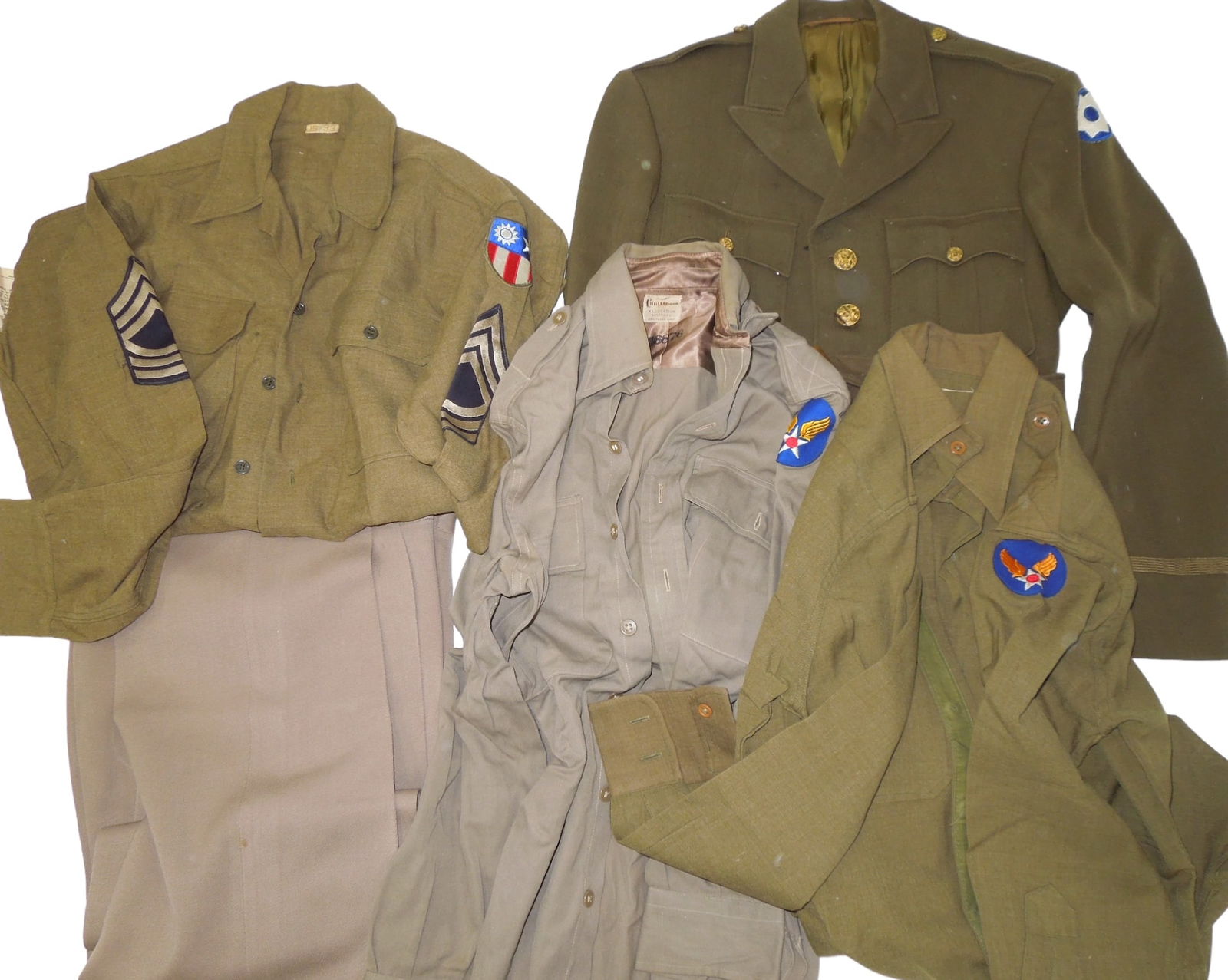 WWII US Army & Army Air Force Uniforms Shirts Pinks Pants CBI Service Command: Lot of WWII uniform items to include a Service Command Officer jacket, China Burma India Technical Sergeant Shirt, Army Officer pinks pants, and two Army Air Force Headquarters patched shirts. Good co