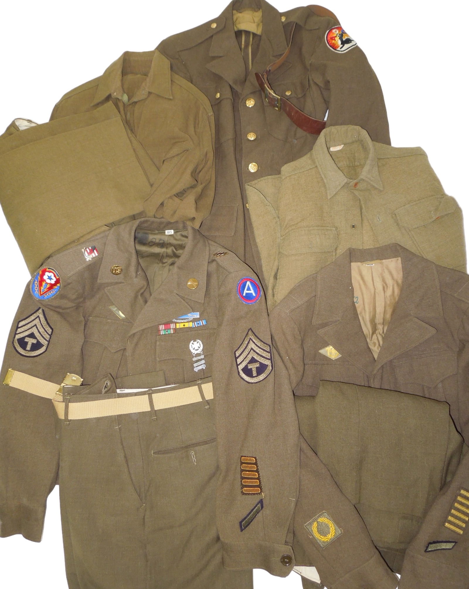 WWII Uniforms 3rd Army Infantry Alaskan Defense AAF Army Air Force & Shirts Pants: Lot of uniforms to include Wool Alaskan Defense Command patched 4 pocket jacket and leather garrison belt, Army Air Force patched Ike Jacket, Technician 3rd Grade Third Army / European Theater Ike jac