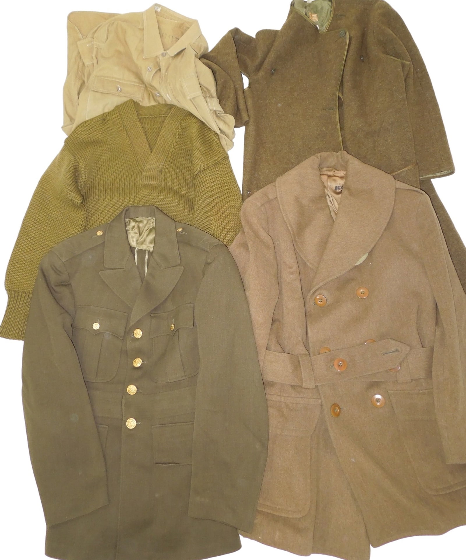 WWII Uniforms US Army Officer Wool Coat Sweater Shirt Named Cadet Jacket: Lot of WWII uniform items to include Officer style Melton wool overcoat, Womens size 16R Enlisted field jacket liner, AAF Cadet officer quality jacket, wool sweater, and khaki shirt. Good condition sh