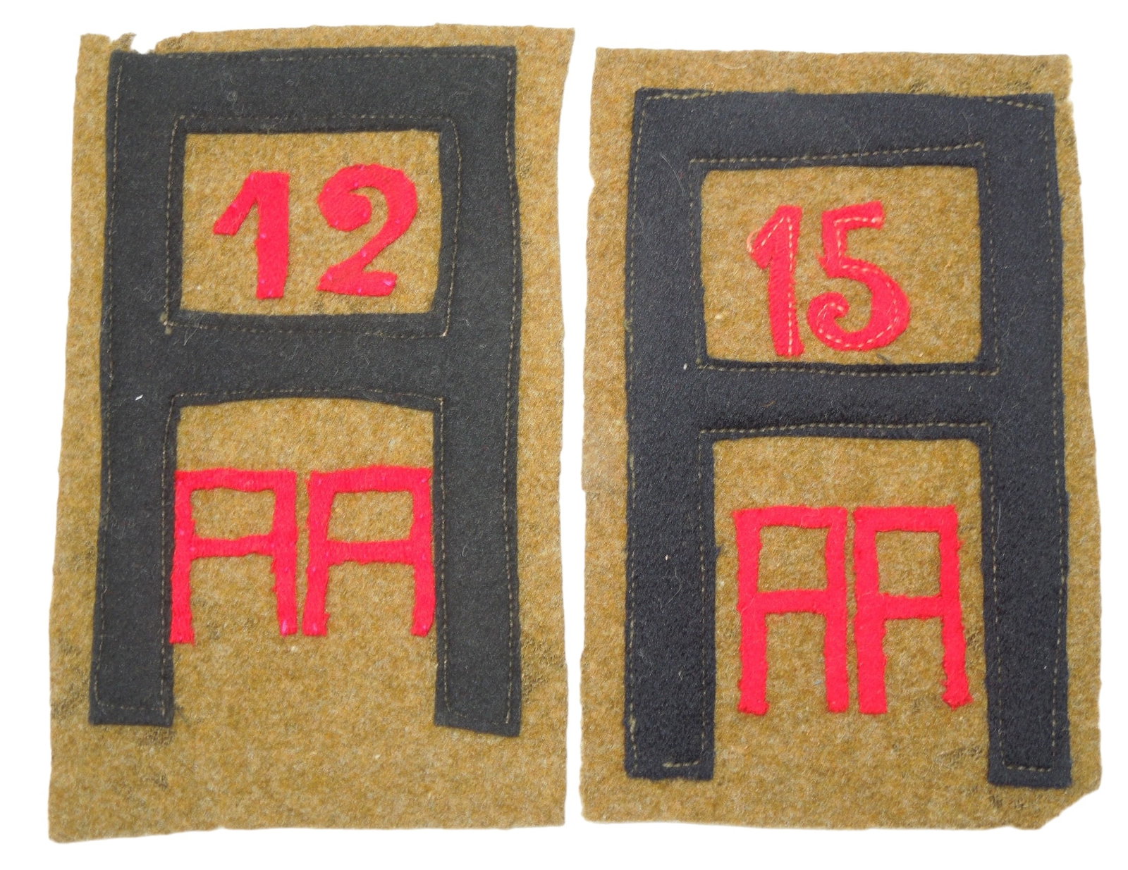 WWI US First Army Anti-Aircraft Command Patches: Lot of two WWI multi layered wool patches- 12th and 15th Anti Aircraft of the First US Army in France. Good condition showing wear consistent with age.