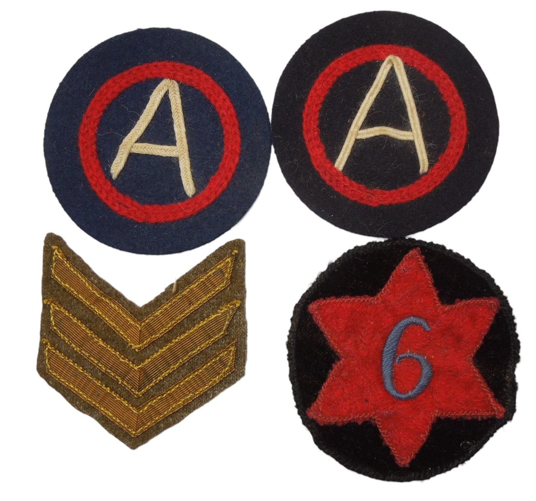 WWI US Third Army & 6th Infantry Division Patches: Two German made Army of Occupation patches from WWI, bullion overseas chevrons and a wool / felt 6th Infantry Division black backed patch. Fair to Good condition showing wear consistent with age.