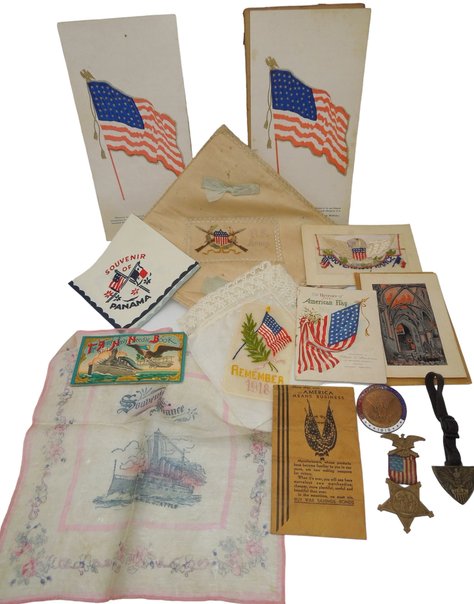 Post Civil War - WWI Military Medals, Souvenir Hankies, Flag Memorabilia, Plus More: Post Civil War - WWI Military Medals Souvenir Hankies & Flag Memorabilia. Lot of items as shown. Hankies to include: Souvenir of Panama, Remember 1918, Souvenir from France. Also included is a US Army