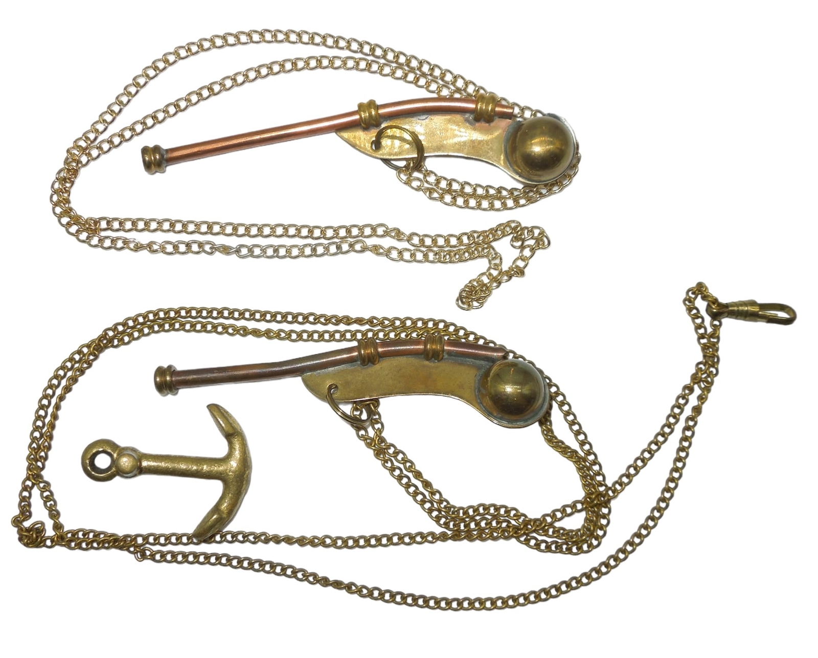 WWII US Navy Boatswain Whistles Lot and Anchor: WWII US Navy Boatswain Whistles. Lot of (2). There are no Makers Mark on either whistle. We did not try the whistle for functionality. They appear to be in good condition for their age.