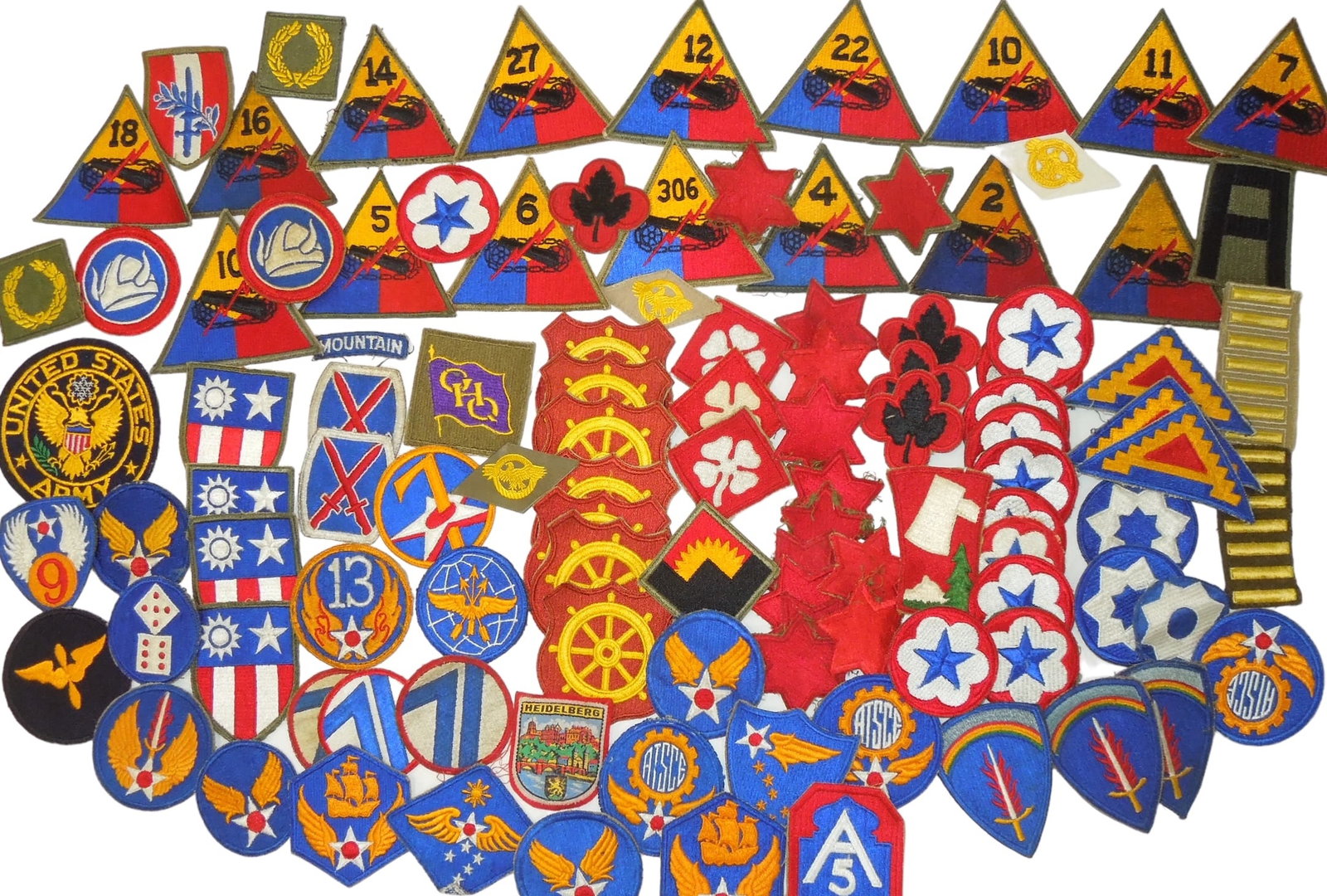 WWII US Army Cut Edge Patches Group: Huge lot of vintage patches with various units as shown. Fair to Good condition showing wear consistent with age.