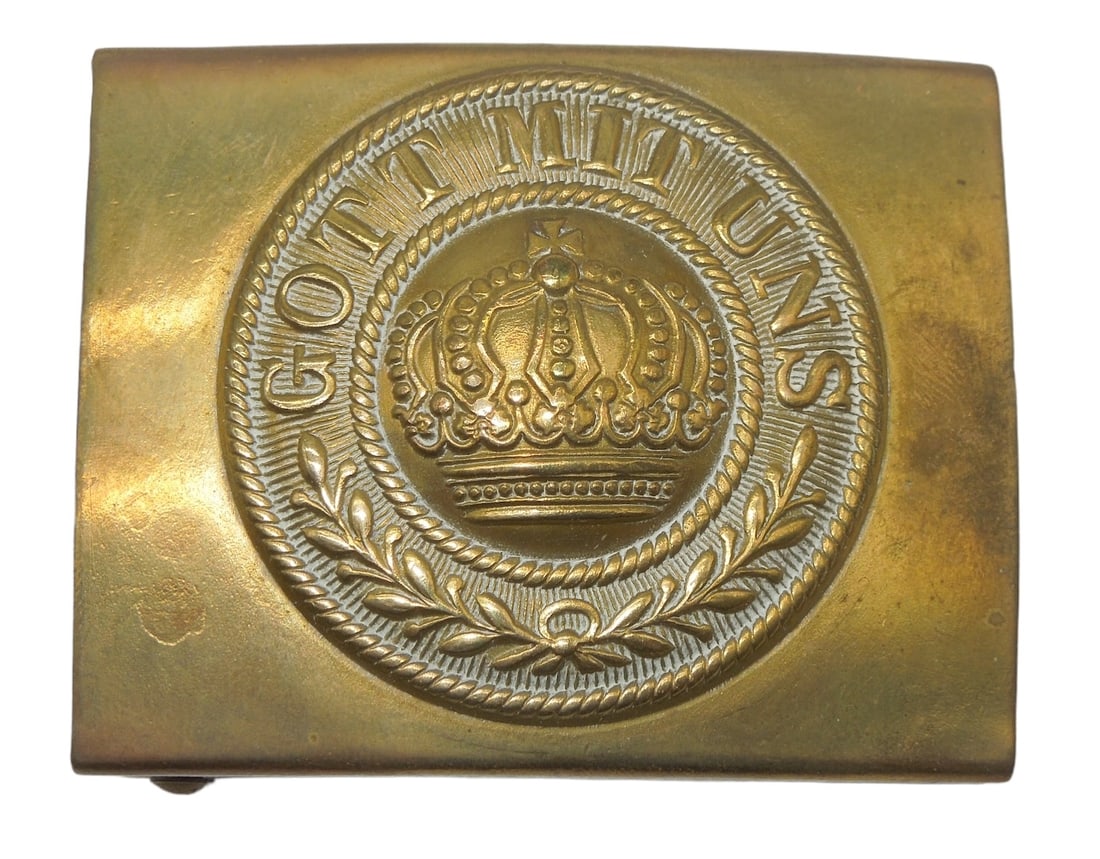 WWI Era Imperial German Army Brass Belt Buckle: Brass Gott Mit Uns (God With US) WWI buckle. Good condition showing wear consistent with age.
