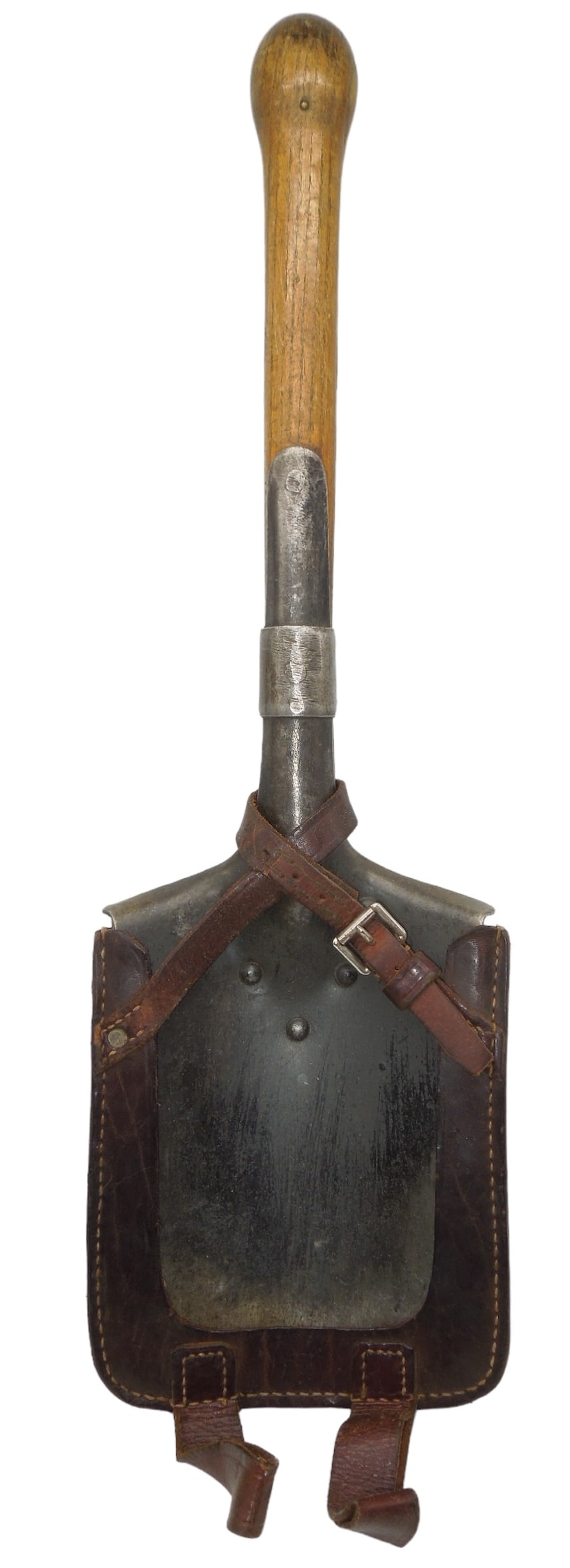 WWII German Wehrmacht Field Shovel & Cover: WWII German trench shovel with a brown leather carrying cover on it (unmarked). Fair to Good condition showing wear consistent with age.