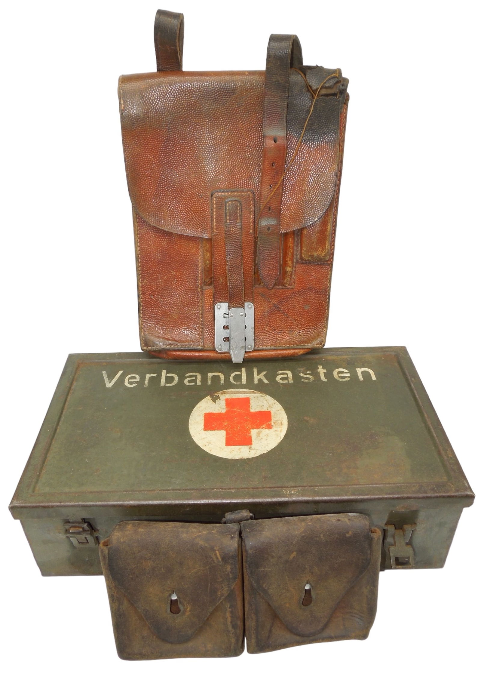 WWII German Wehrmacht First Aid Kit Box Map Case & Ammo Pouch: Lot of three items- Unknown German or European leather ammo pouch, German decaled first Aid kit box (no contents) and a nice brown leather German Army map case. Fair to Good condition showing wear con