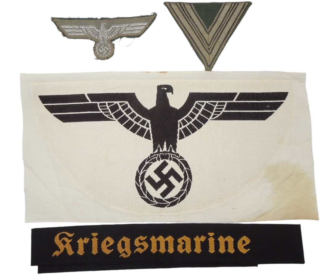 WWII German Wehrmacht & Kriegsmarine Patches Sports Shirt: Four WWII original German items- BeVo sport shirt patch, Kriegsmarine cap tally, rank patch, and breast eagle patch. Fair to Good condition showing wear consistent with age.