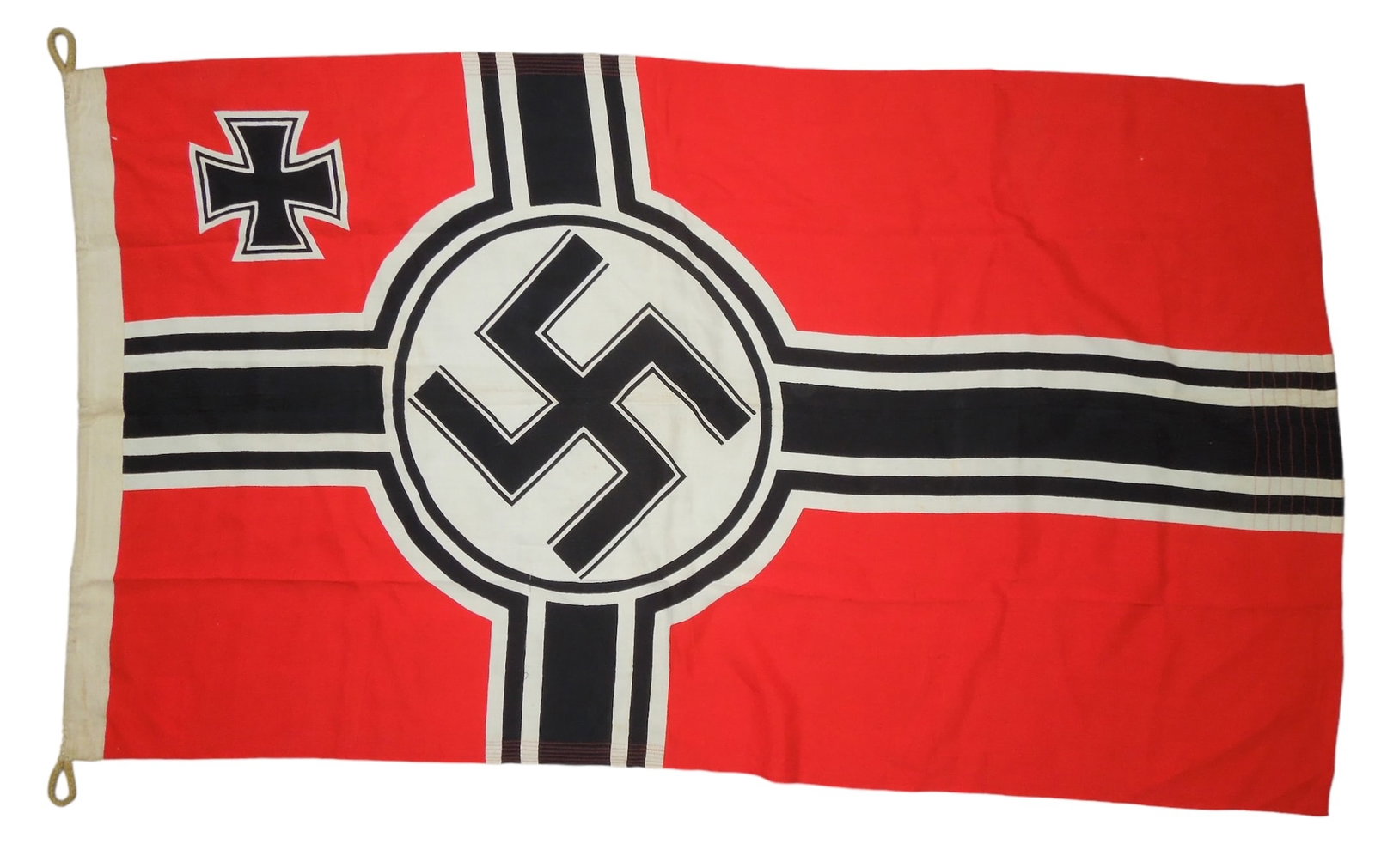 WWII German Naval Kriegsmarine Ship Flag 80 x 135 Centimeters: Original WWII German maker marked Kriegsmarine Naval Ship flag measuring 80 x 135 Centimeters (31.5 x 53 Inches). Good condition with some moth nips and soiling.