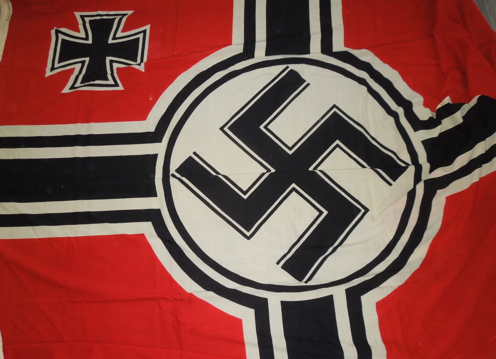 Huge WWII German Naval Kriegsmarine Ship Flag 200 x 335 Centimeters: Original WWII German maker marked Kriegsmarine Naval Ship flag measuring 200 x 335 Centimeters (78.75 x 132 Inches). Good condition with moth nips and minor soiling.