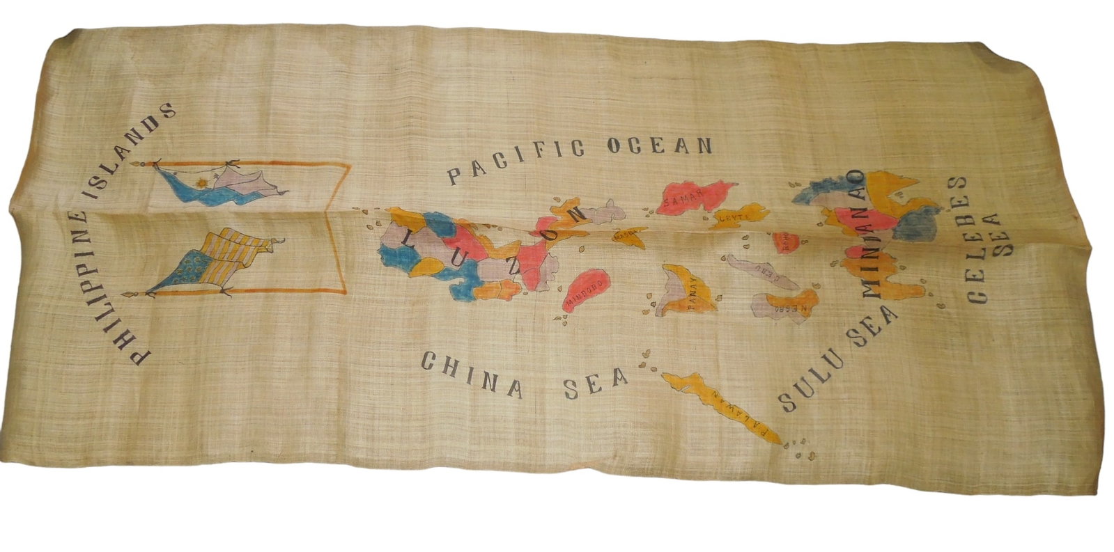 WWII Souvenir of the Philippine Islands Painted Burlap Fabric Banner: WWII Souvenir of the Philippine Islands Painted Burlap Banner. As shown. The approximate size is 32 x 72 inches. We believe the fabric material is burlap. Very nice condition.