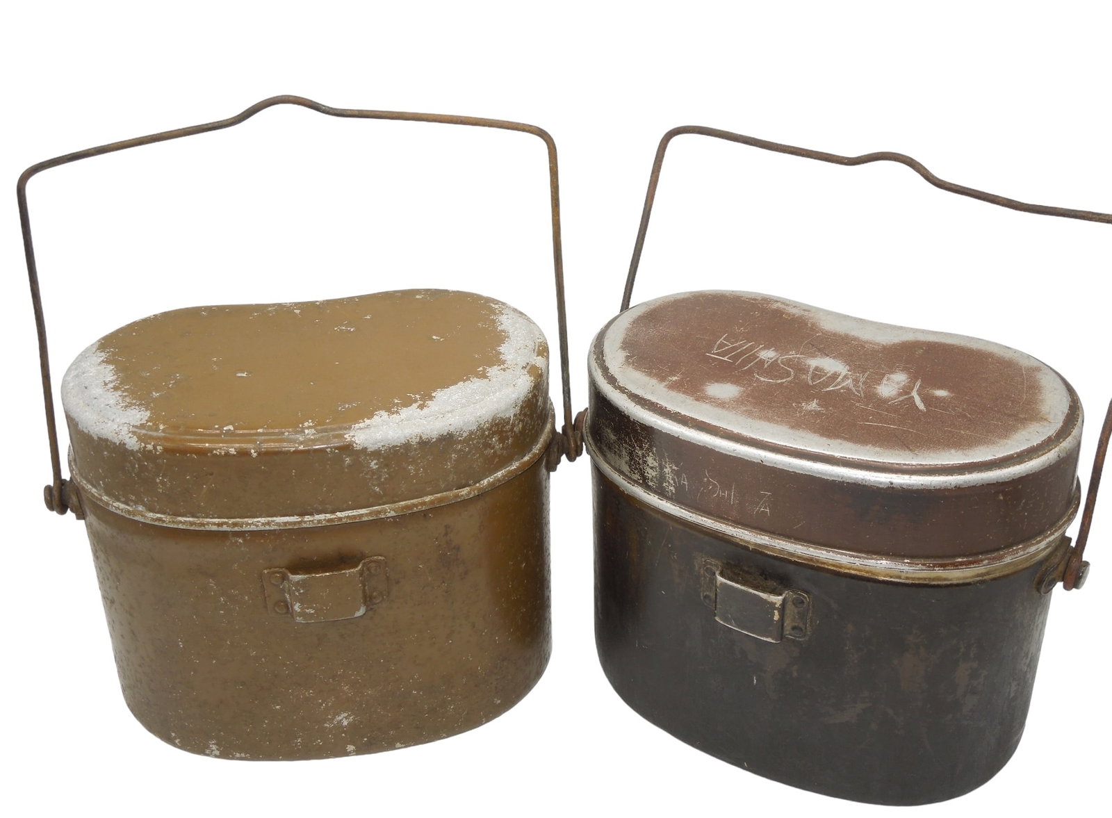 Lot (2) WWII Japanese Army Mess Kits One Named: Two mess kit cans, well used with some loss of paint. One has English Yamashita engraved on to it. Fair to good condition showing wear consistent with age.