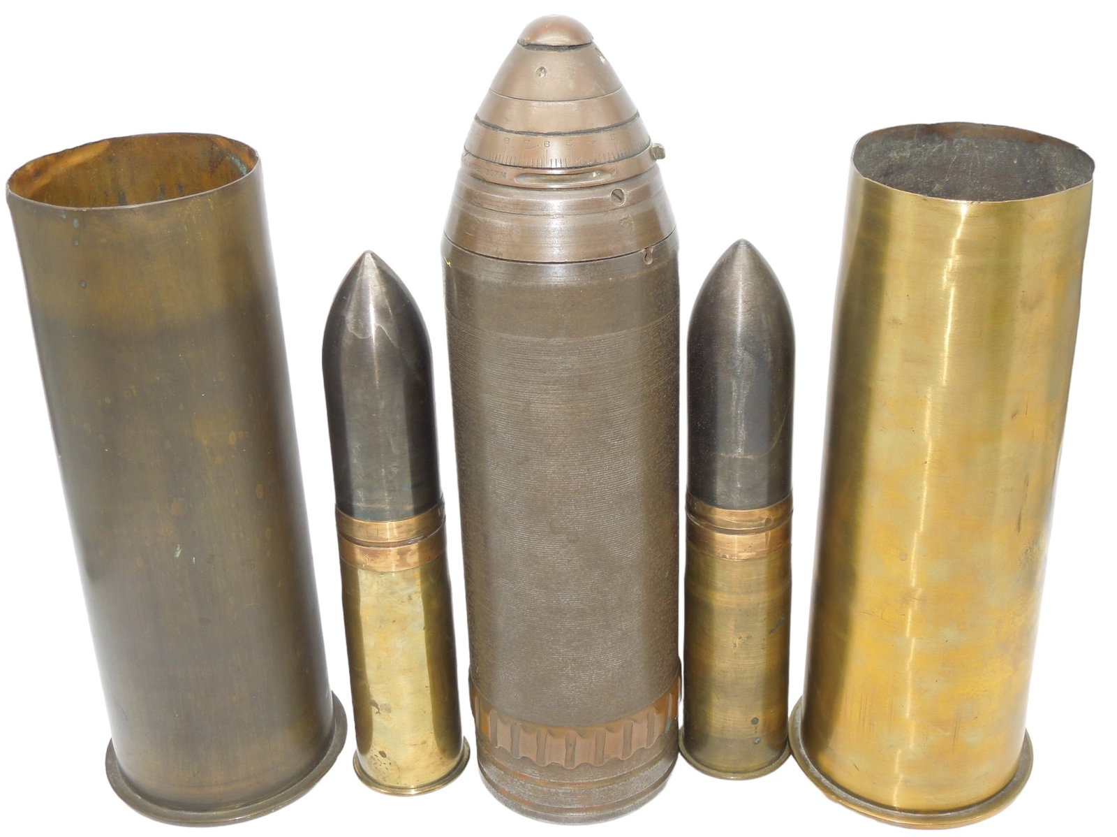 WWI & WWII Military Artillery Shells & Trench Art 37mm: WWI & WWII ordnance and shells. Fair to good condition showing wear consistent with age. One is on a German baseplate that is in two pieces, another has a Wartime commemorative plaque affixed to it. T