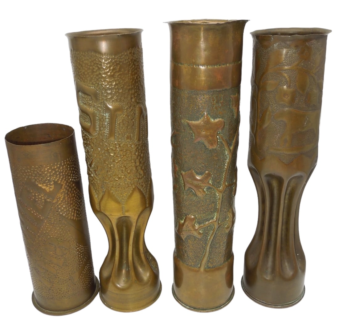 Lot (4) Engraved WWI Trench Art Artillery Shells St. Mihiel: WWI Era Engraved Trench Art Shells. Lot of (4). One piece has St. Mihiel SEPT 12 to commemorate a major battle during WWI. One piece is stamped on the bottom, “GFSP” (Geschoss Fabrik Spandau =