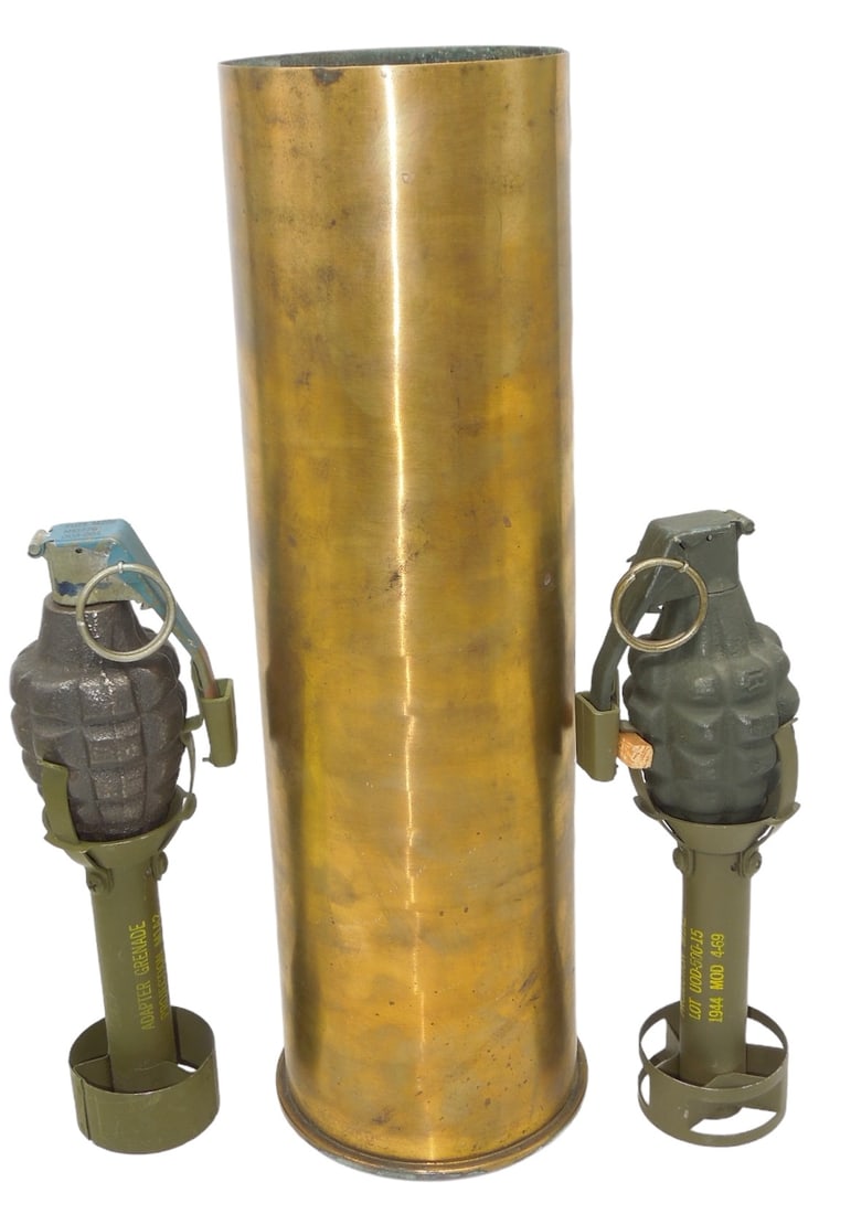 WWII Era Inert 105mm Artillery Shell & 1944 & 1945 Rifle Grenades: Inert 105mm Artillery Shell & 1944 & 1945 Rifle Grenades. Lot of inert ordnance as shown. The Rifle grenades are marked 1944 and 1945 Fair to good condition showing wear consistent with age. US shippi