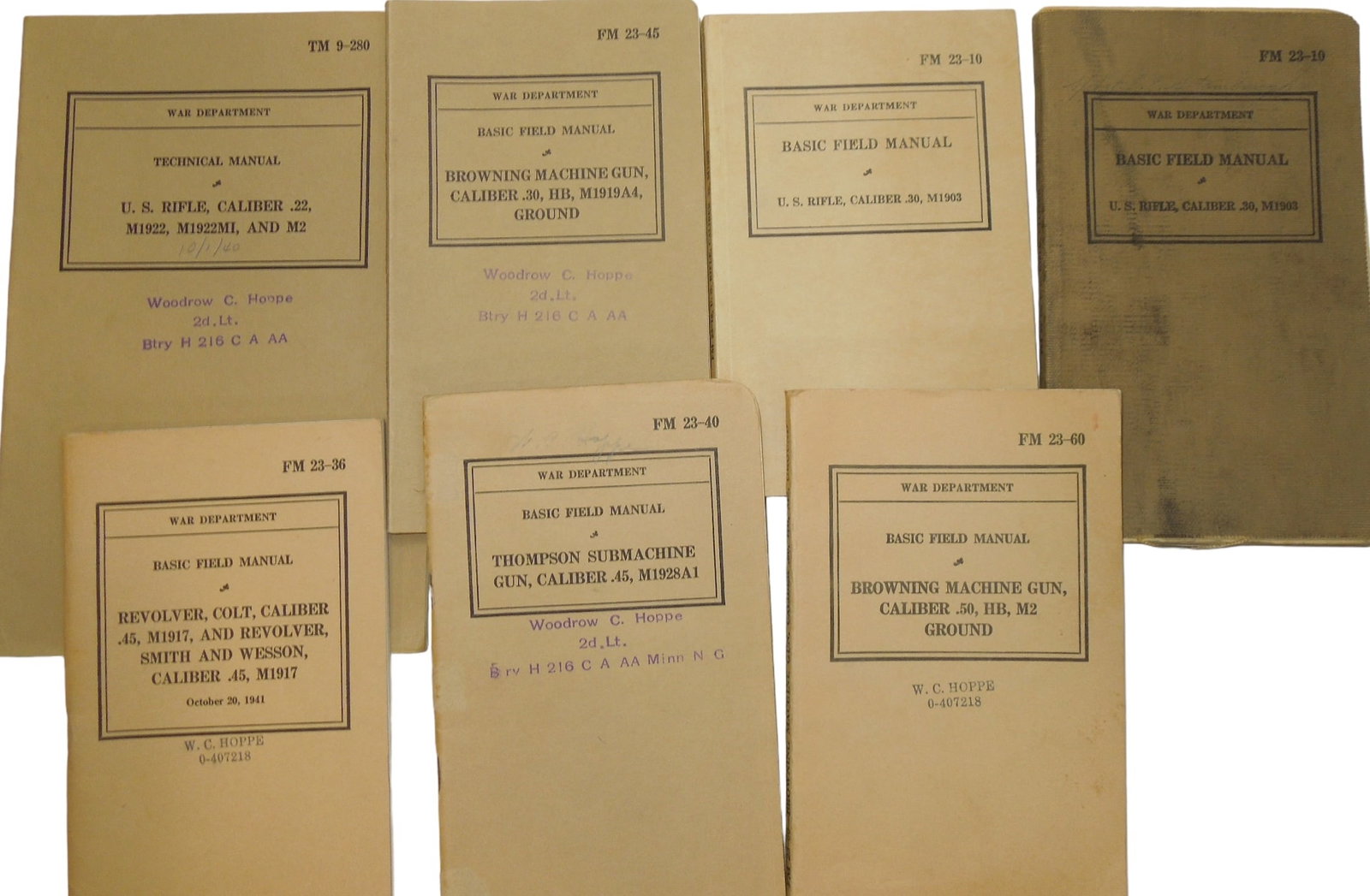 WWII Era Army Manuals Browning Machine Gun, Rifle, Colt Revolver, Thompson Submachine: WWII Era Army Manuals Browning Machine Gun, Rifle, Colt Revolver, Thompson Submachine. Lot of (7). You will receive the following books: 1940 Browning Machone Gun Caliber .30, HB M1919A4, Ground (217 