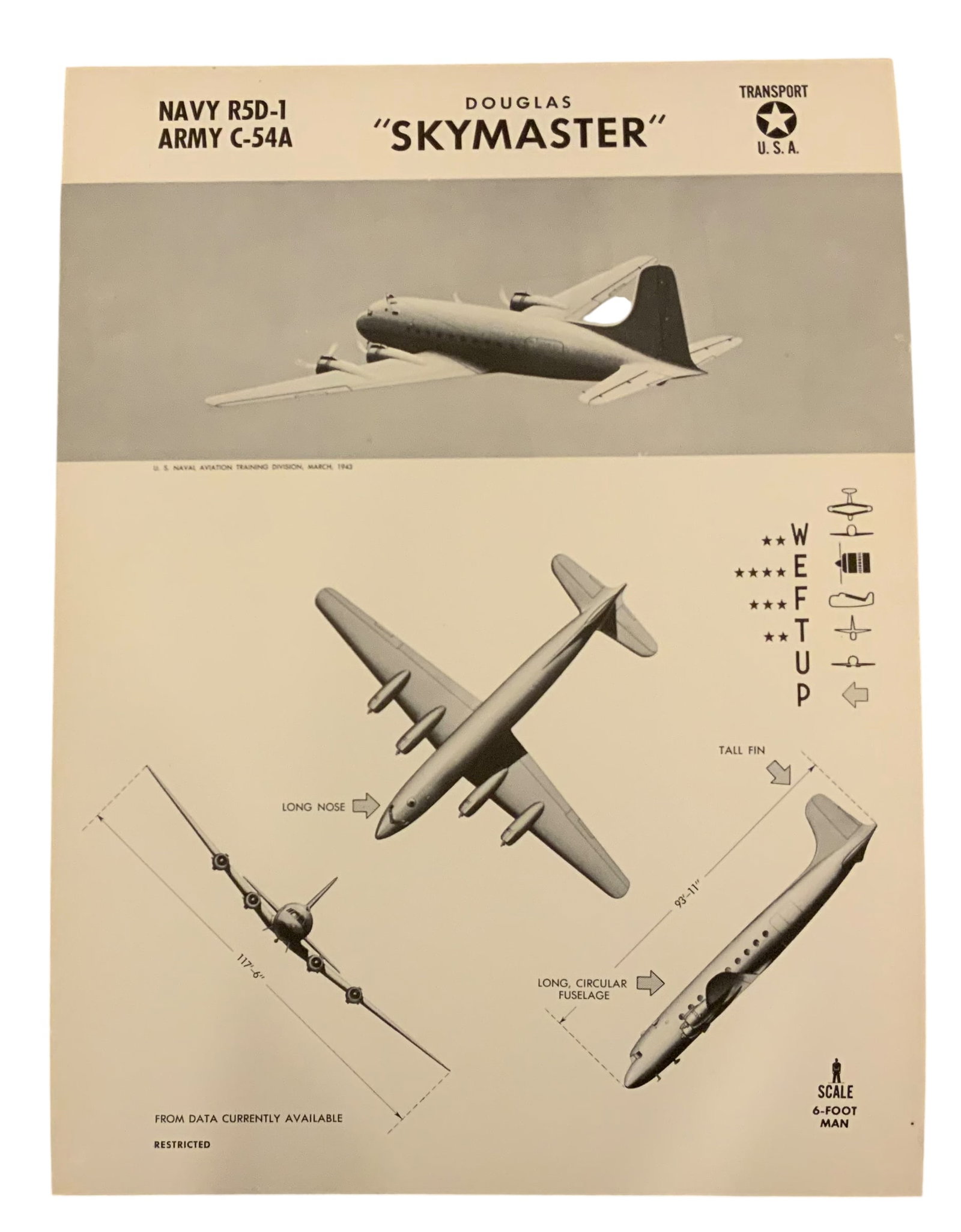 WWII 1943 Army Restricted Aircraft Identification Douglas C-54A Skymaster Poster: WWII Army Restricted Aircraft Identification Douglas C-54A Skymaster Transport Poster. This original RESTRICTED aircraft identification poster was published by the U.S. Naval Aviation Training Divisio