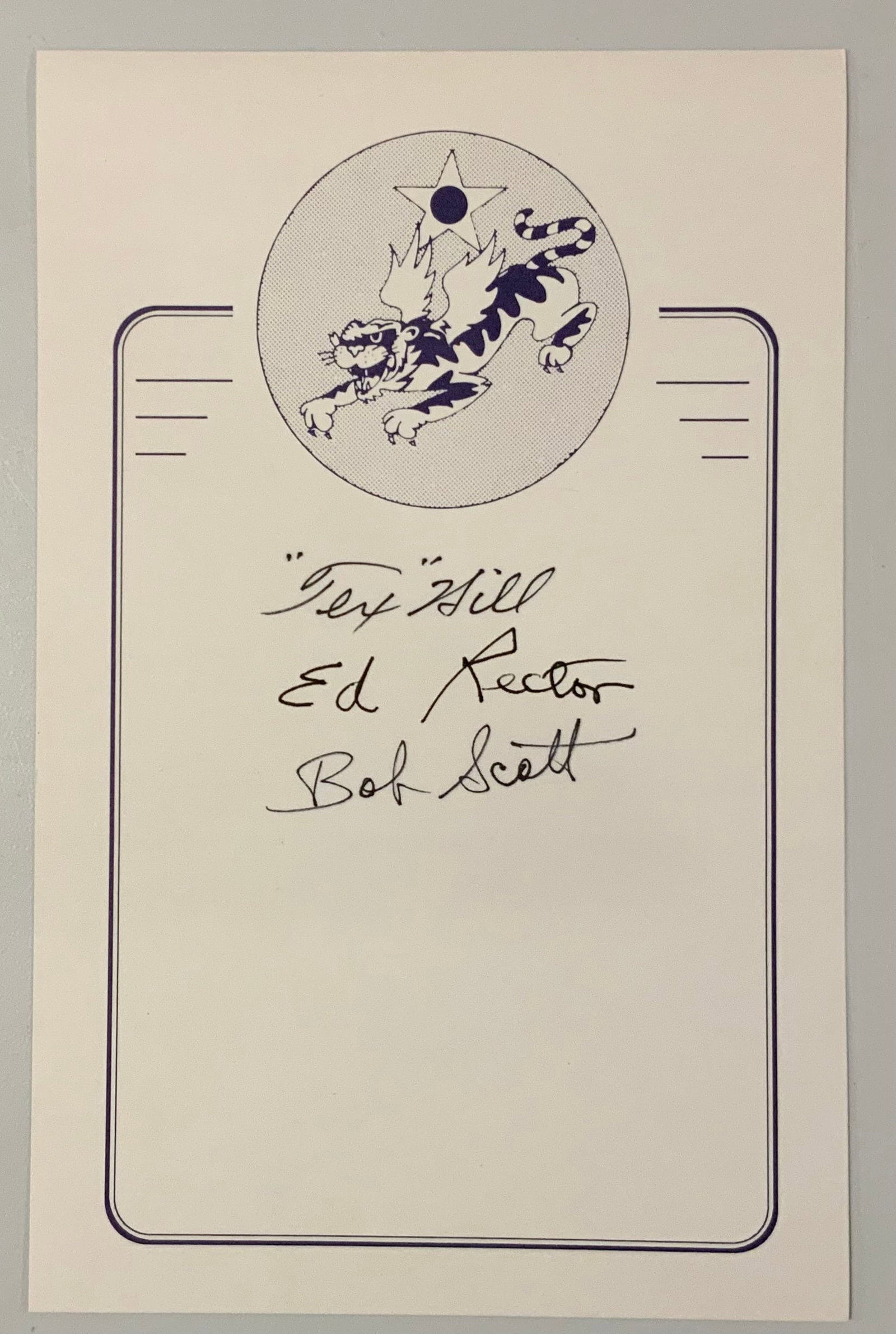 WWII Flying Tigers AVG Signed Signatures Hill, Scott, Rector Book Plate: The signatures include Tex Hill, Bob Scott and Ed Rector. David Lee Tex Hill (July 13, 1915-October 11, 2007) was an American fighter pilot and triple flying ace. He is credited with 12 plus victories