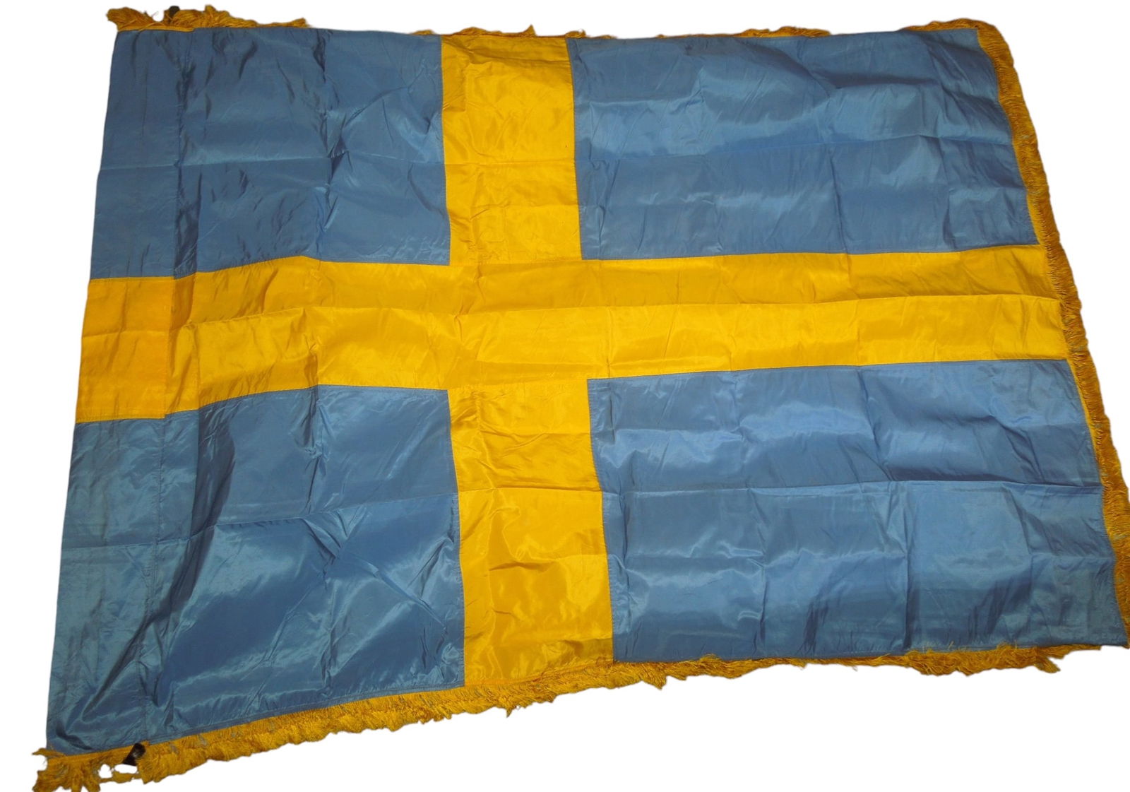 1930 National Flag of Sweden Withn Government Letter: Good condition flag of 1920s - 40s Sweden, measuring approximately 54 inches by 70 inches. Comes with an inventory sheet from the Flag Heritage Foundation noting that it was donated by famed vexillolo