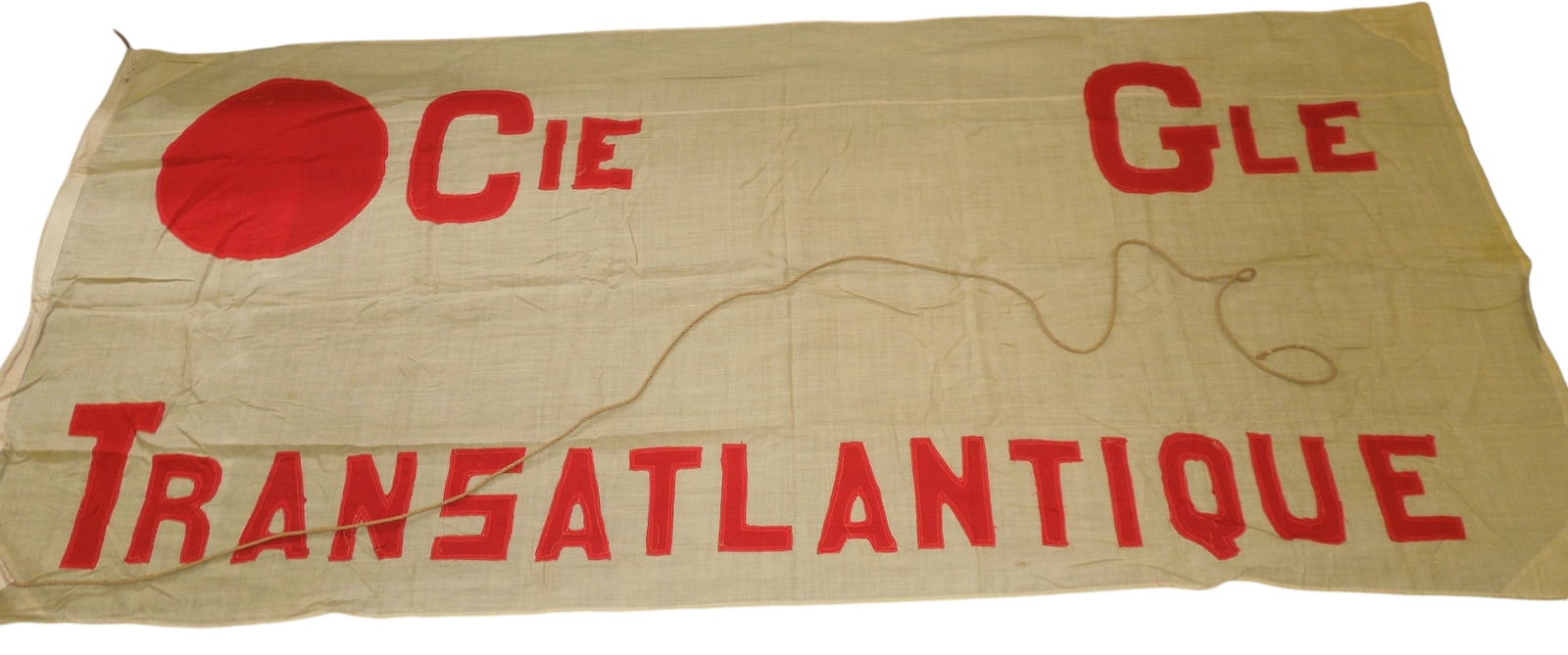 1940s French Line House Flag of WWII Ship SS Liberte: Good condition flag, measuring approximately 44 x 94 inches. Comes from the collection of famed vexillologist and surgeon, Dr. Clarence Rungee. The SS Liberte was formerly a German ship, that traded h
