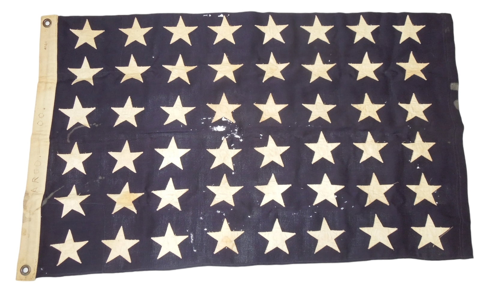 WWII US 48 Star Union Jack Flown On US Coast Guard Ship Argo Atlantic Convoy: Well used original WWII era Size 22 x 34 inch wool 48 star Union jack (moth holes throughout) well marked to the US Coast Guard Cutter Argo WPC-100 which was in service from 1933 - 1948. Early in 1942