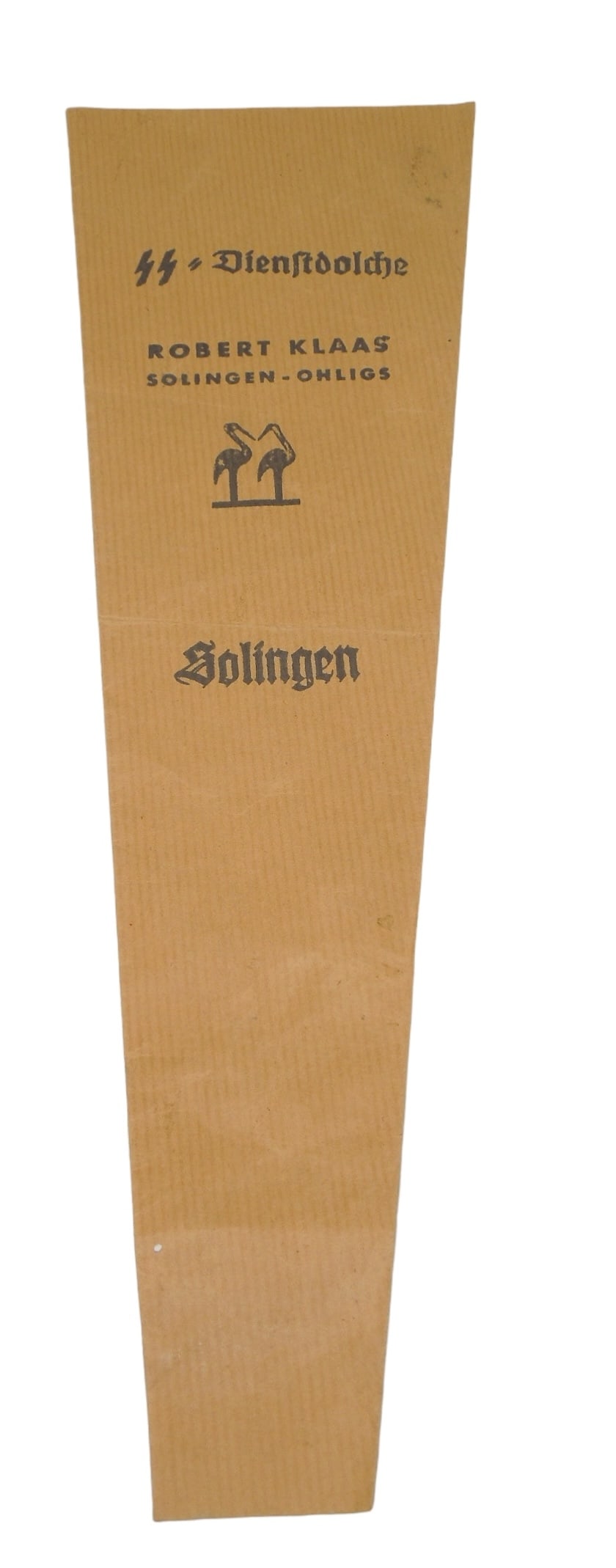 WWII German SS Dagger Holder Envelope Robert Klaas Solingen: Original WWII hard to find paper dagger bag that came with German daggers when first purchased. A nice surviving example. Scale is shown in the last photo for size reference.