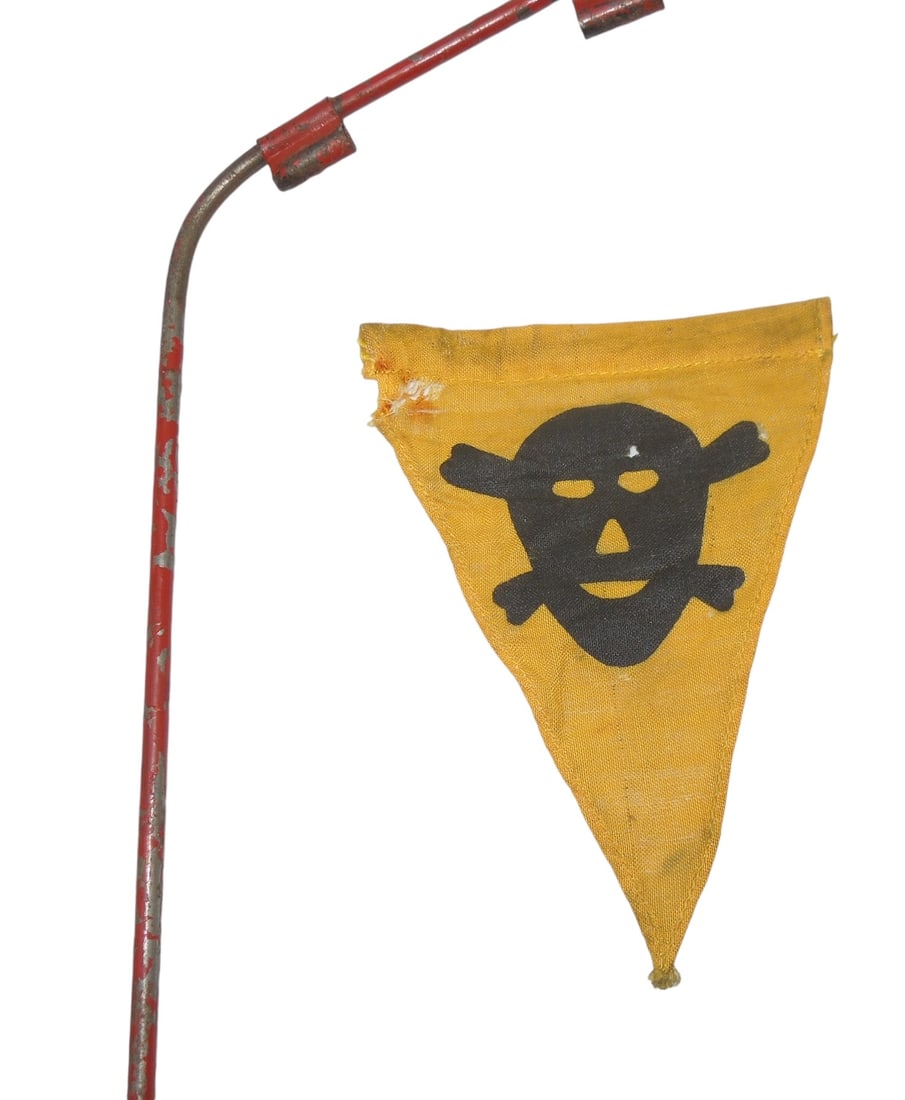 WWII German Military Mine Field Flag Marker & Post: Original cloth mine field flag marker and red post for mounting. Good, used condition.