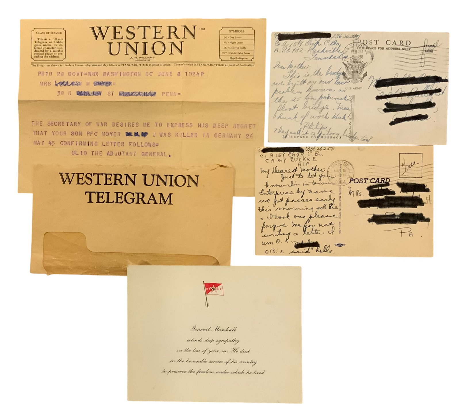 WWII Army KIA Killed In Action Moyer Telegram, Sympathy Card, Post Cards Group: PFC Philip J. Moyer was attached to the 159th Engineers Combat Battalion, Sixth Corps. He was Killed In Action in Germany on May 26, 1945. You will receive the Western Union Telegraph from the Adjutan