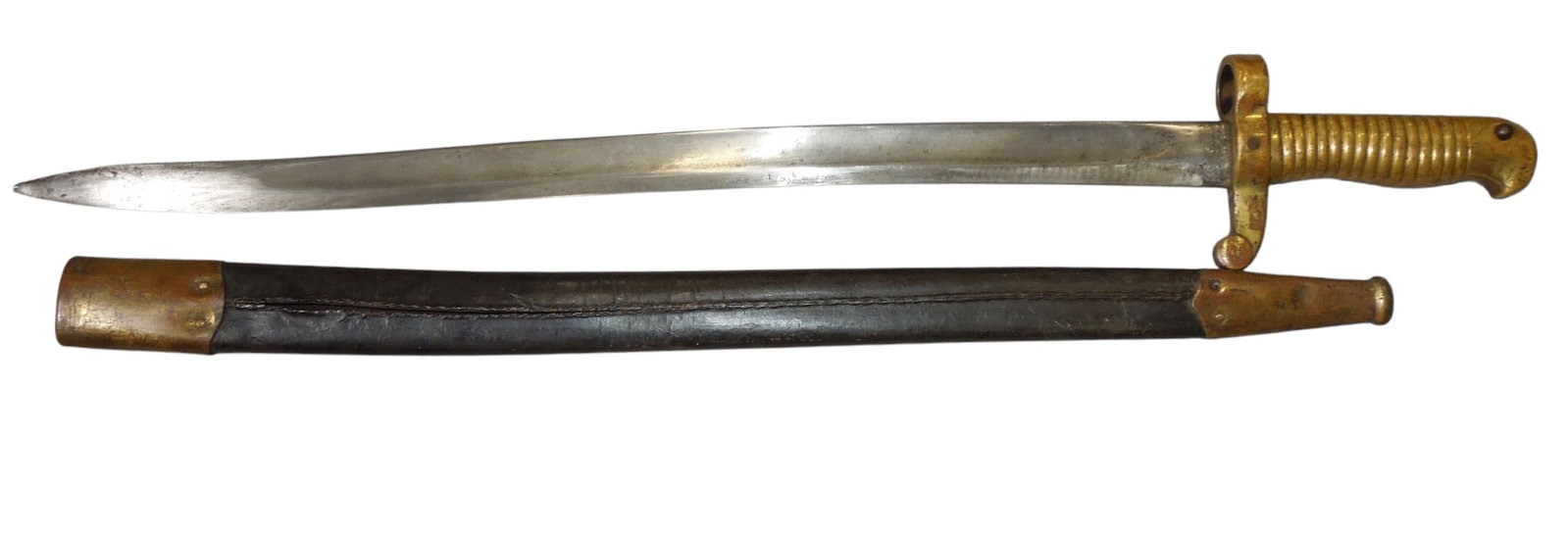 M1855 Civil War US Army Sword Bayonet Dated 1861: Original sword bayonet and scabbard. The scabbard seam is partially detached in one area.