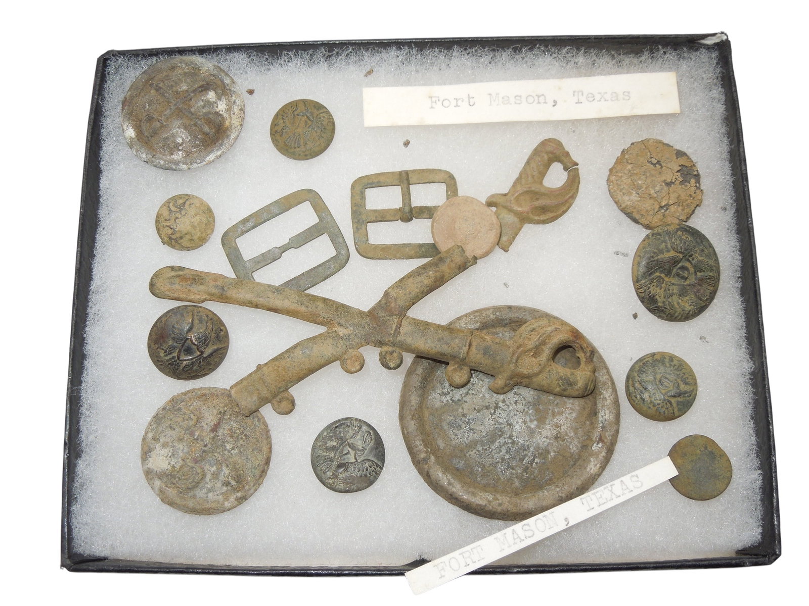 Civil War Dug Uniform Items Buttons Lot From Fort Mason, Texas: Small lot of buttons and other personal items dug from Fort Mason, TX. Condition as shown. The display case is not included.