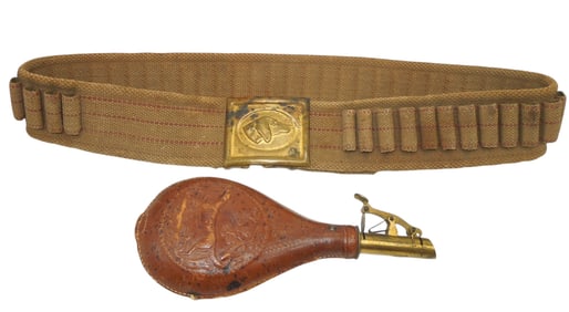 Early 1900s Dog Themed Hunting Powder Horn & Cartridge Belt