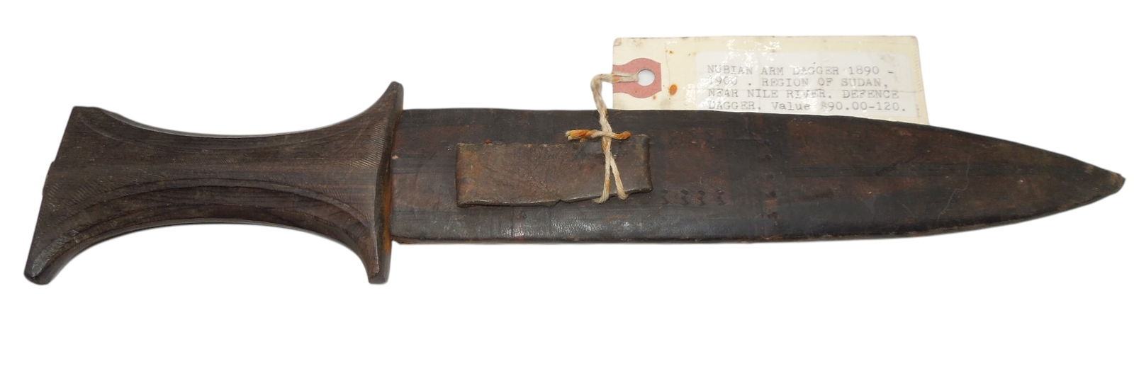 1890 - 1900 Nubian Army Sudan Nile River Knife: Old Dagger with leather sheath, the blade is rusty. Comes with an old typed tag.