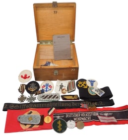WWII German Box Lot of Bringback Souvenirs Medals Armbands Patches