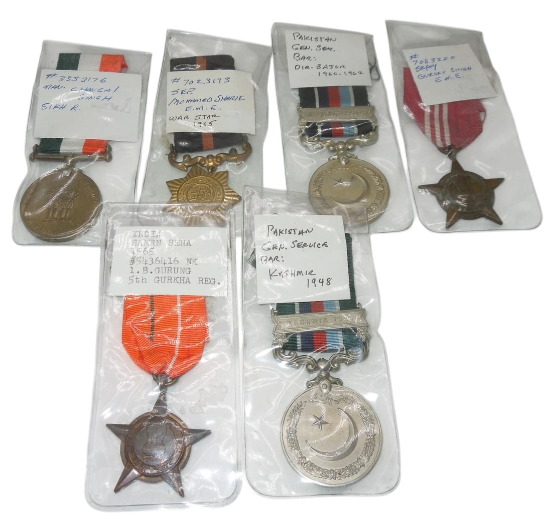 Lot (6) 1940s - 1960s Pakistan & India Named Engraved War Medals: Lot of named medals with ribbons.