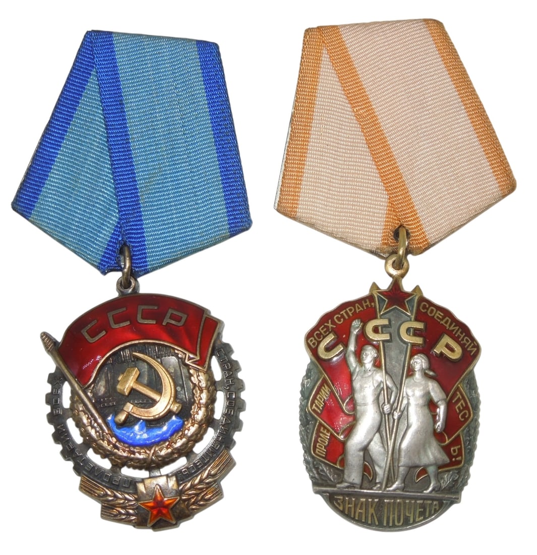 WWII - Cold War Soviet Order Badge of Honor Red Banner of Labor: Lot of two medals, each serial numbered on the reverse.